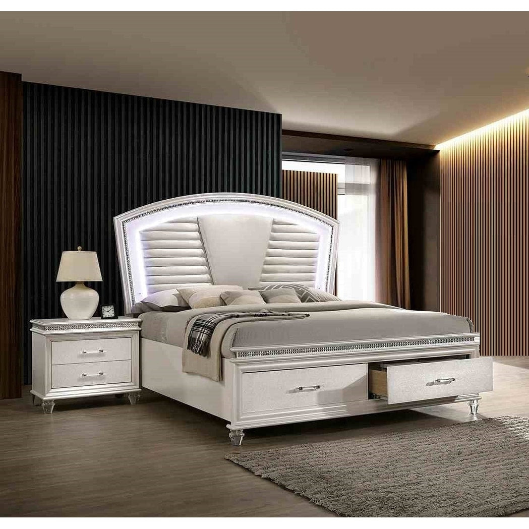 Modern 3Pc Led Storage Bed Two Nightstands Solid Wood Bedroom Set