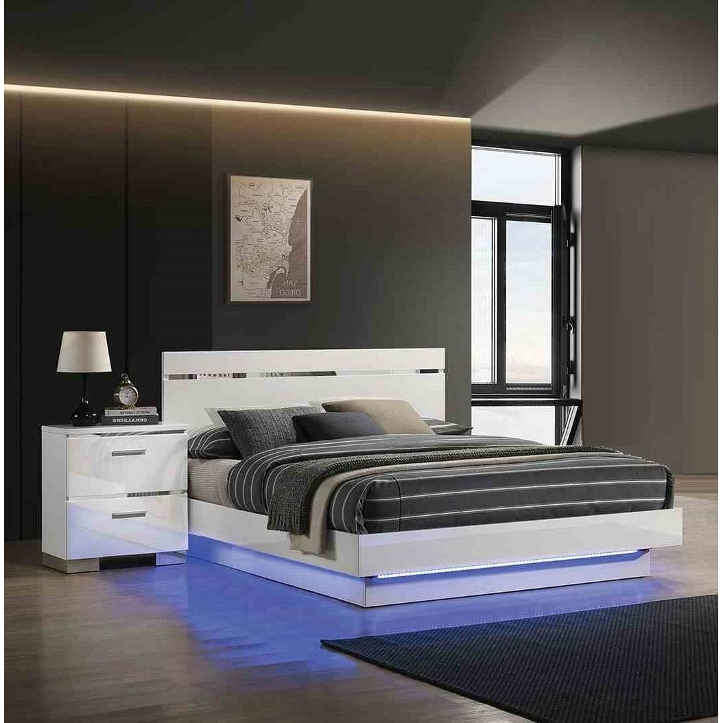 Modern 3Pc White Finish Bed 2X Nightstands Led Bedroom Set