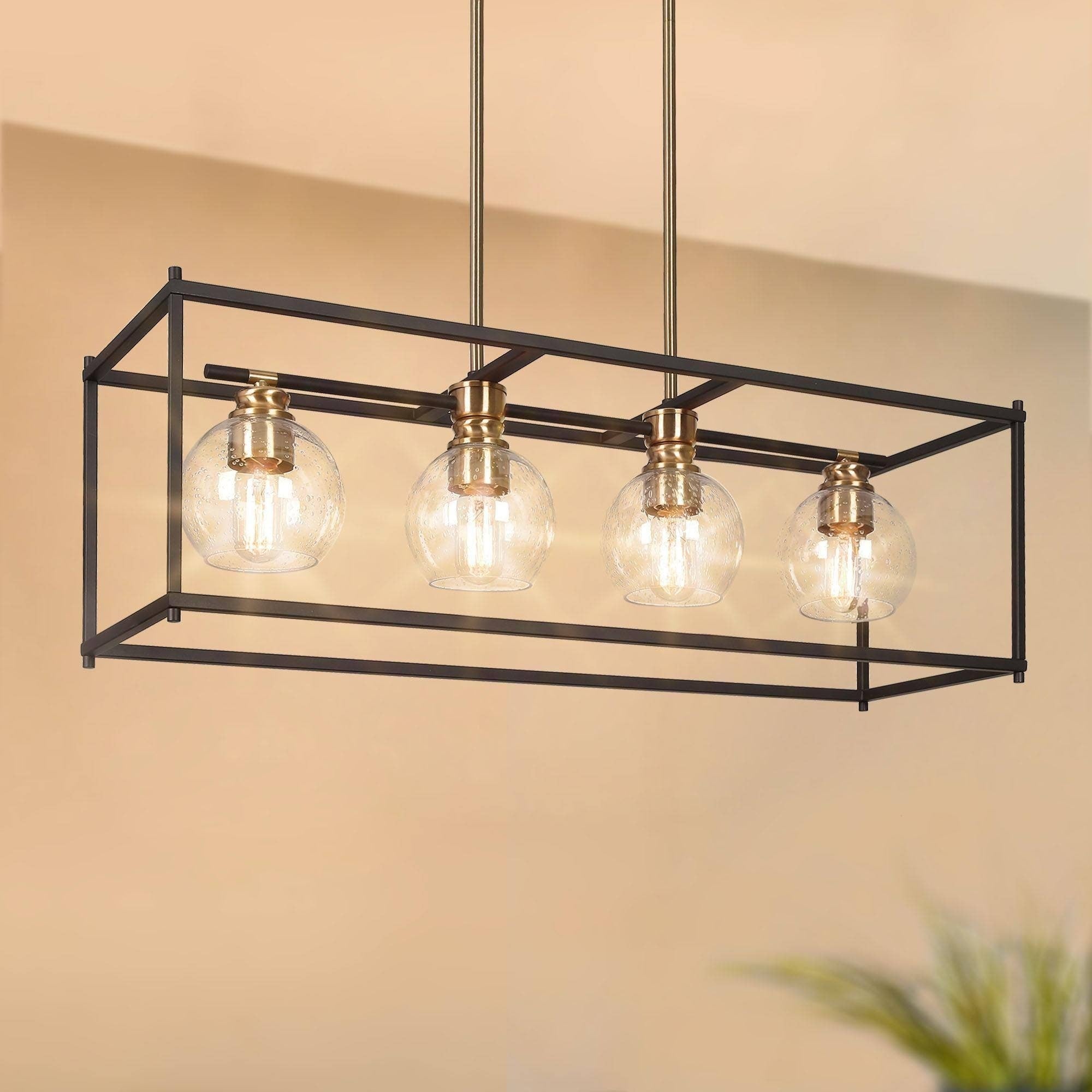 Modern 4 Light Black Gold Chandelier Metal With Seeded Glass Shades Rectangle Kitchen Island Lights For Dining Room