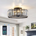 Modern 4 Light Crystal Drum Flush Mount Ceiling Fan With Remote 13.8 Dia 6.7 H
