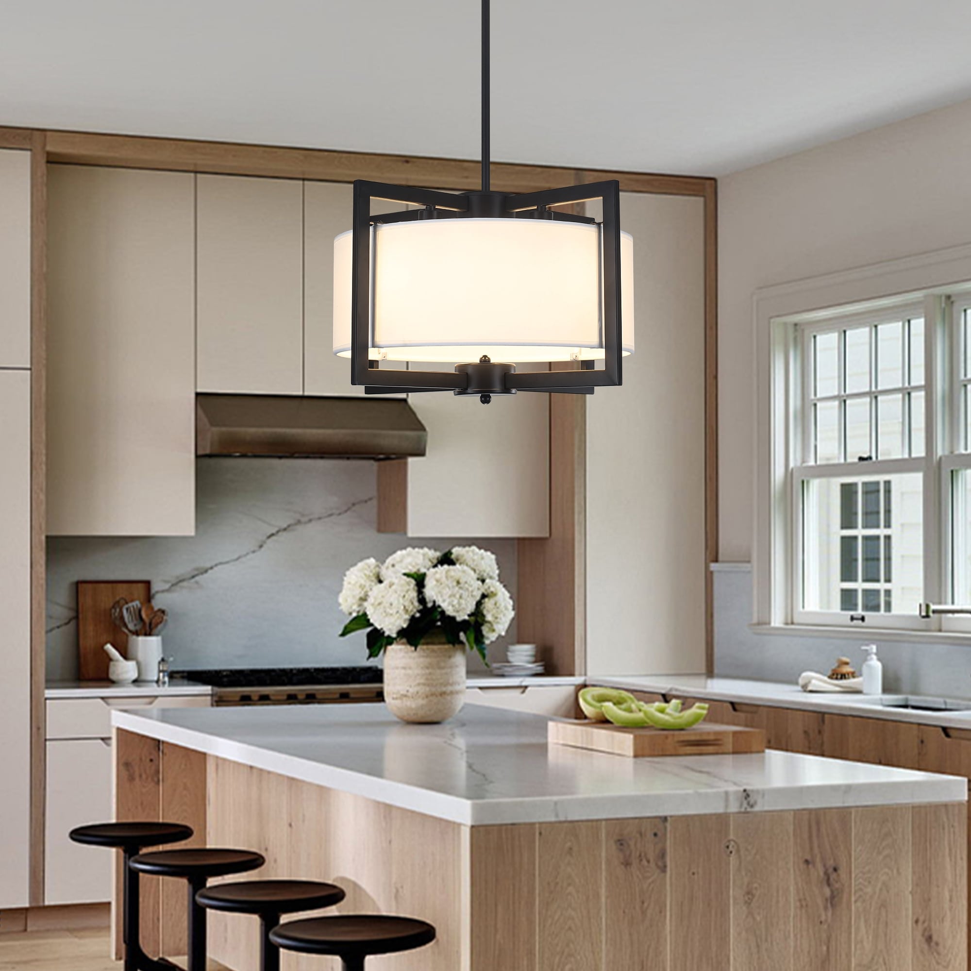 Modern 4 Light Drum Chandelier Contemporary Geometric Frame Pendant Light With White Fabric Shade