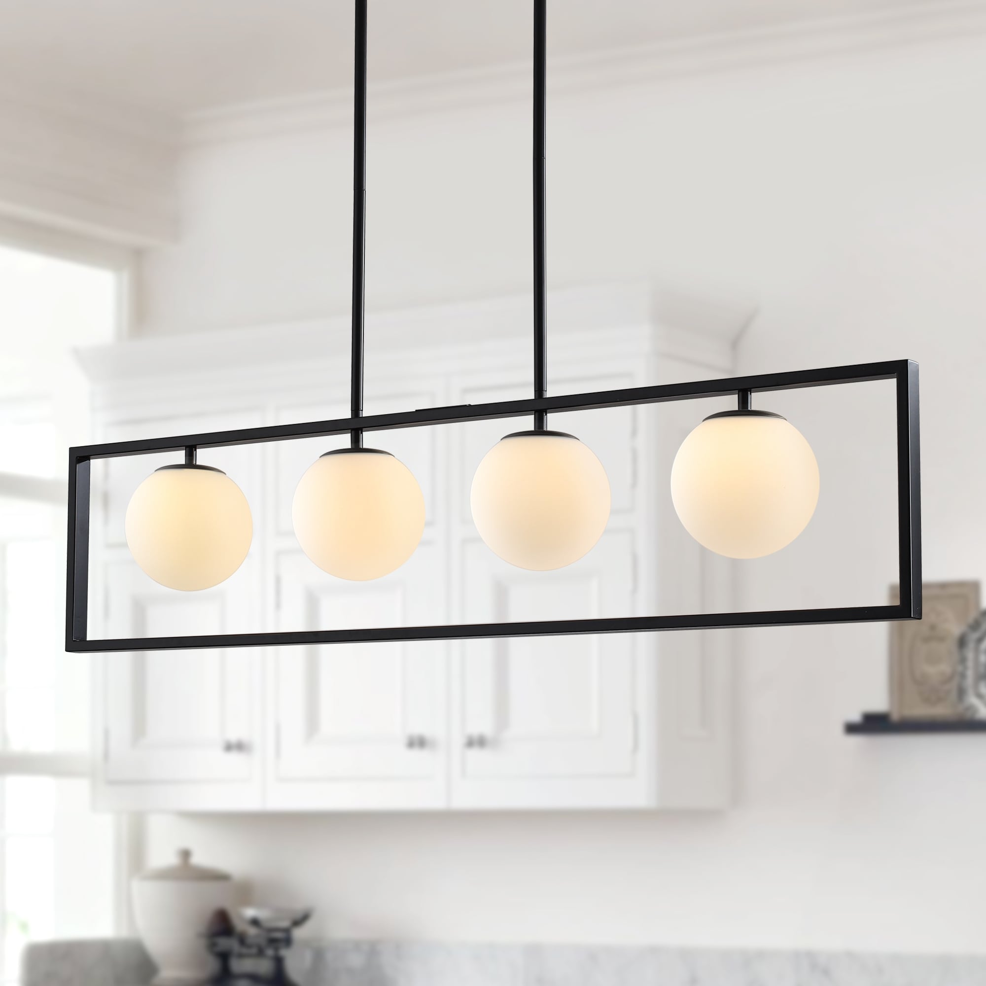 Modern 4 Light Linear Chandelier Milk White Glass Globe Kitchen Island Light