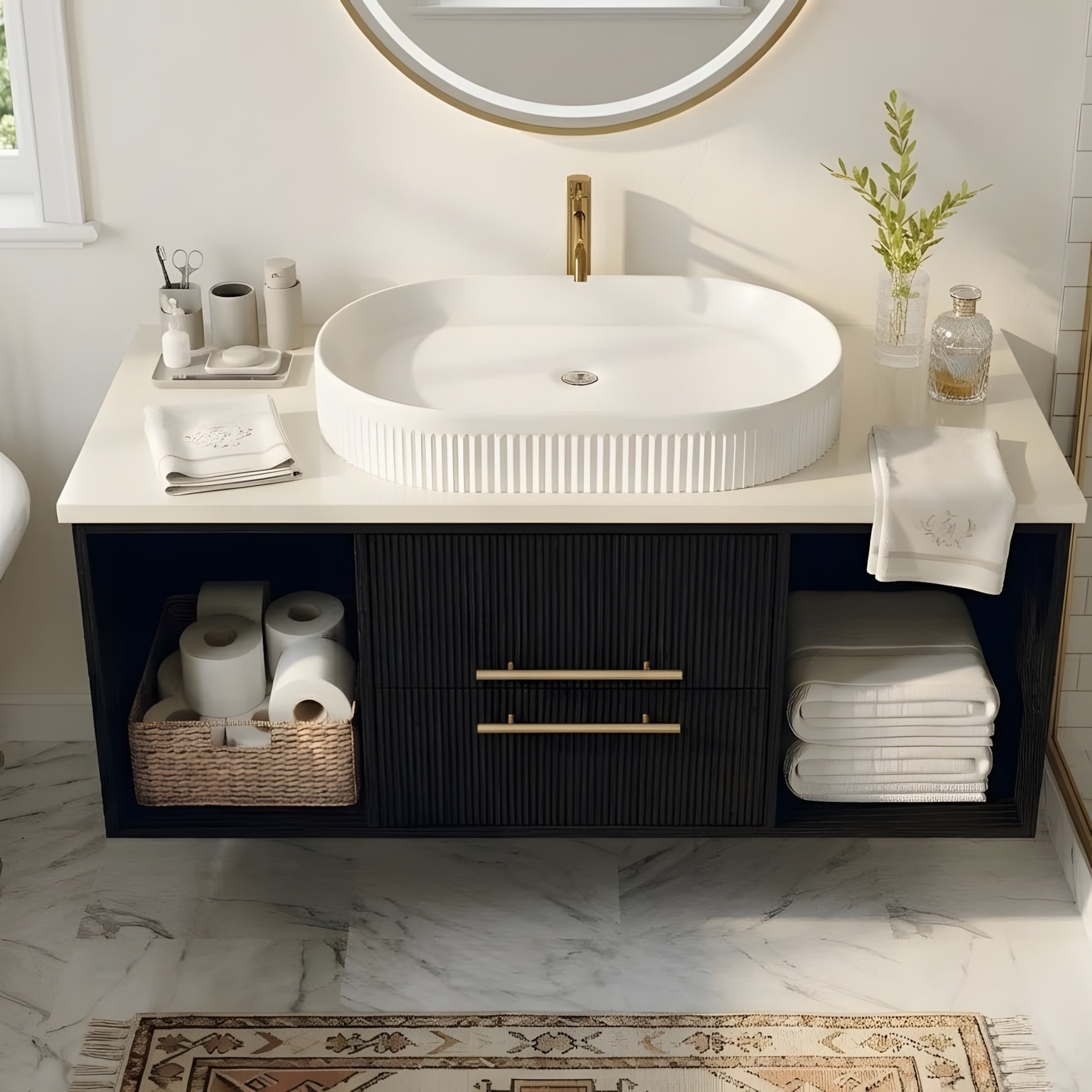 Modern 40 Inch Wall Mounted Bathroom Vanity With Soft Close Drawers And Open Shelving Storage.