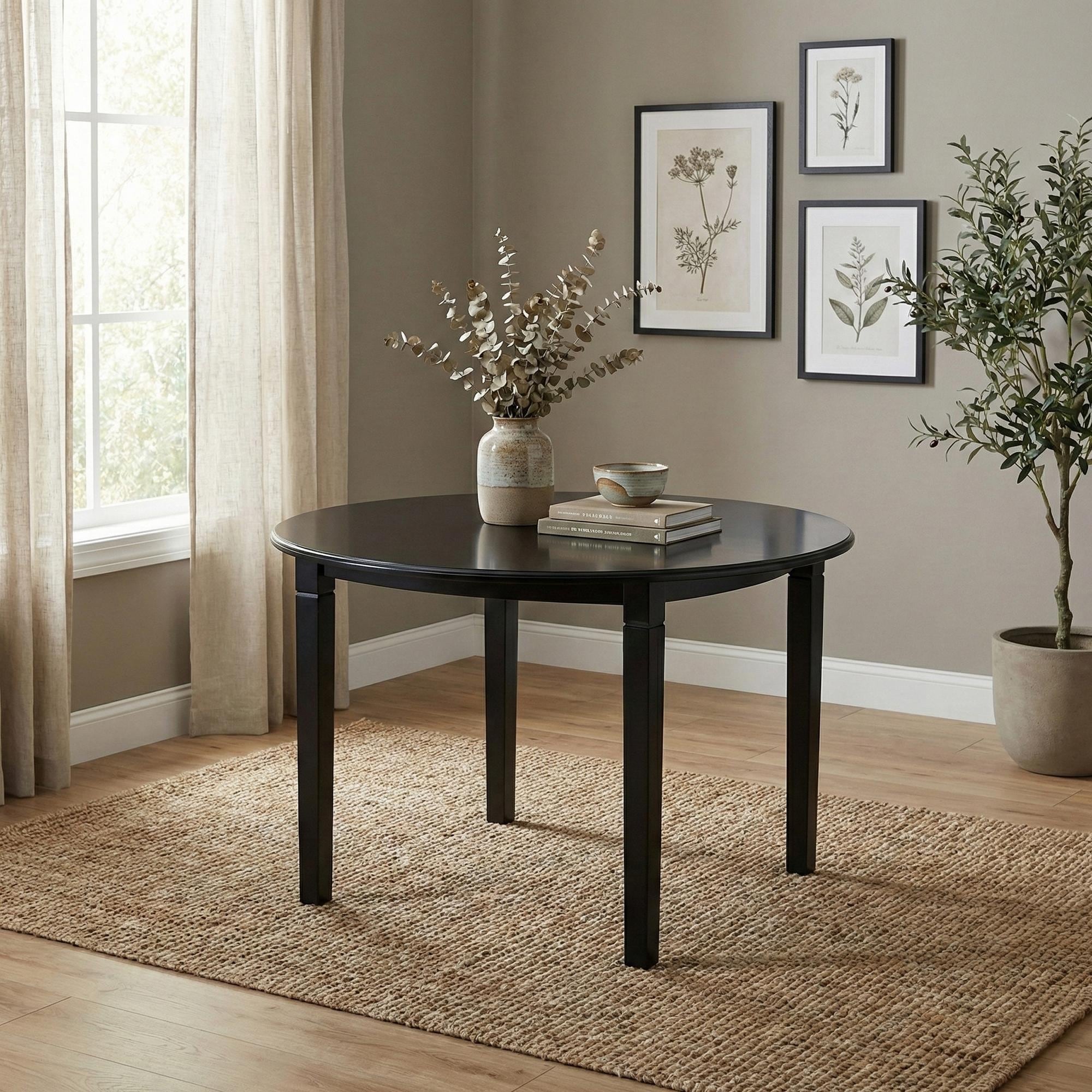 Modern 42 Inch Round Dining Table Black Finish Solid Rubberwood