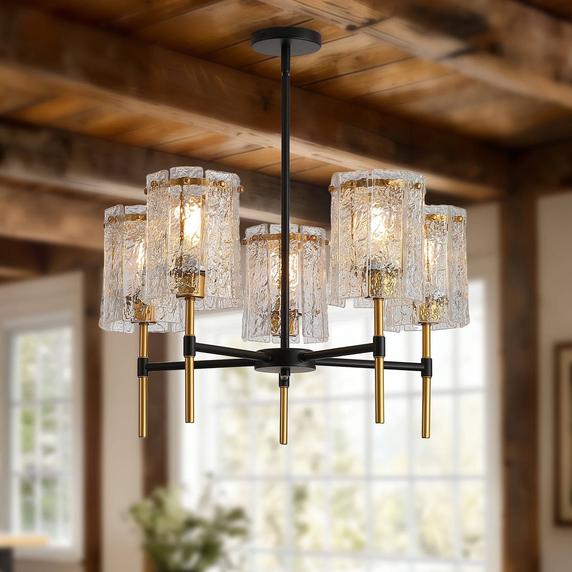 Modern 5 Light Black And Gold Chandelier Textured Glass Pendant Light With Electroplated Gold Finish