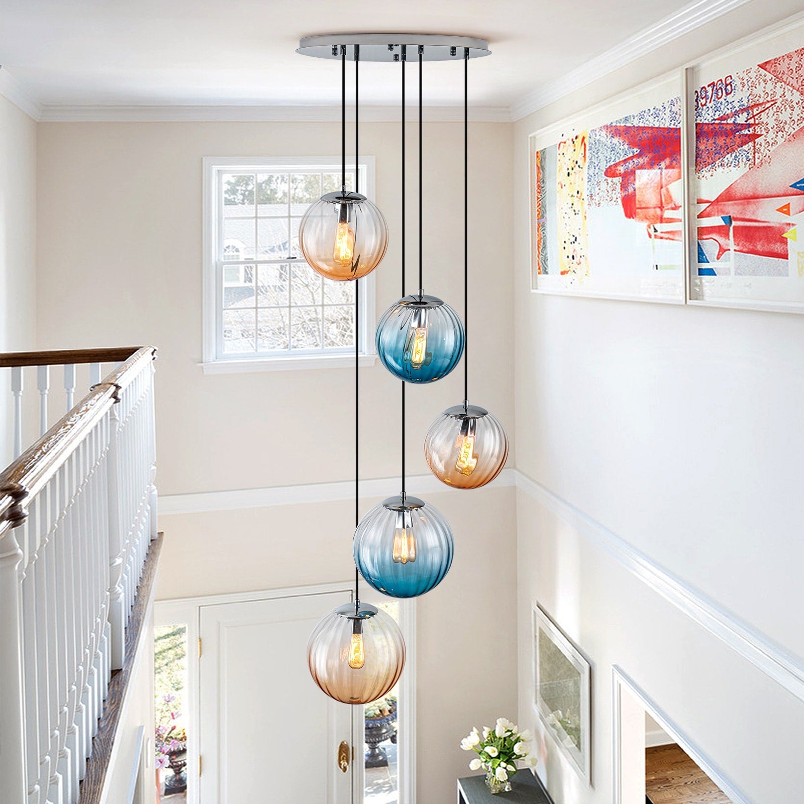 Modern 5 Light Cluster Glass Globe Pendant Light With Gradient Shades Silver