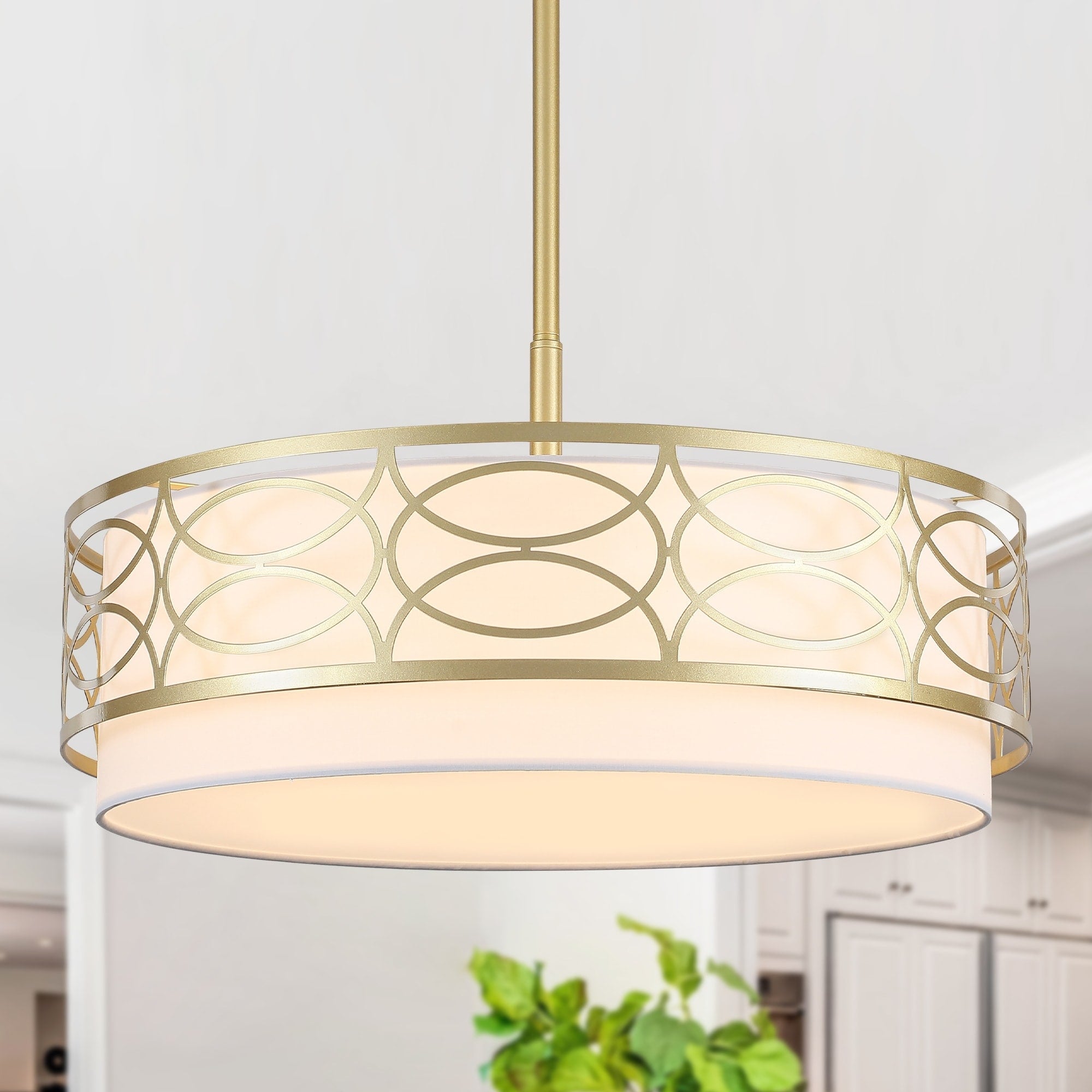 Modern 5 Light Drum Fabric Pendant Light With Geometric Cage Design
