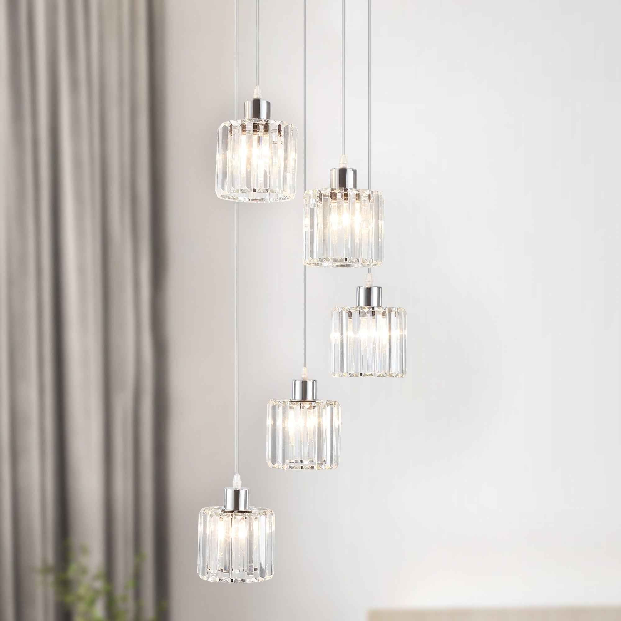 Modern 5 Light Linear Chandelier With Triangular Crystal Shades And Adjustable Hanging Heights