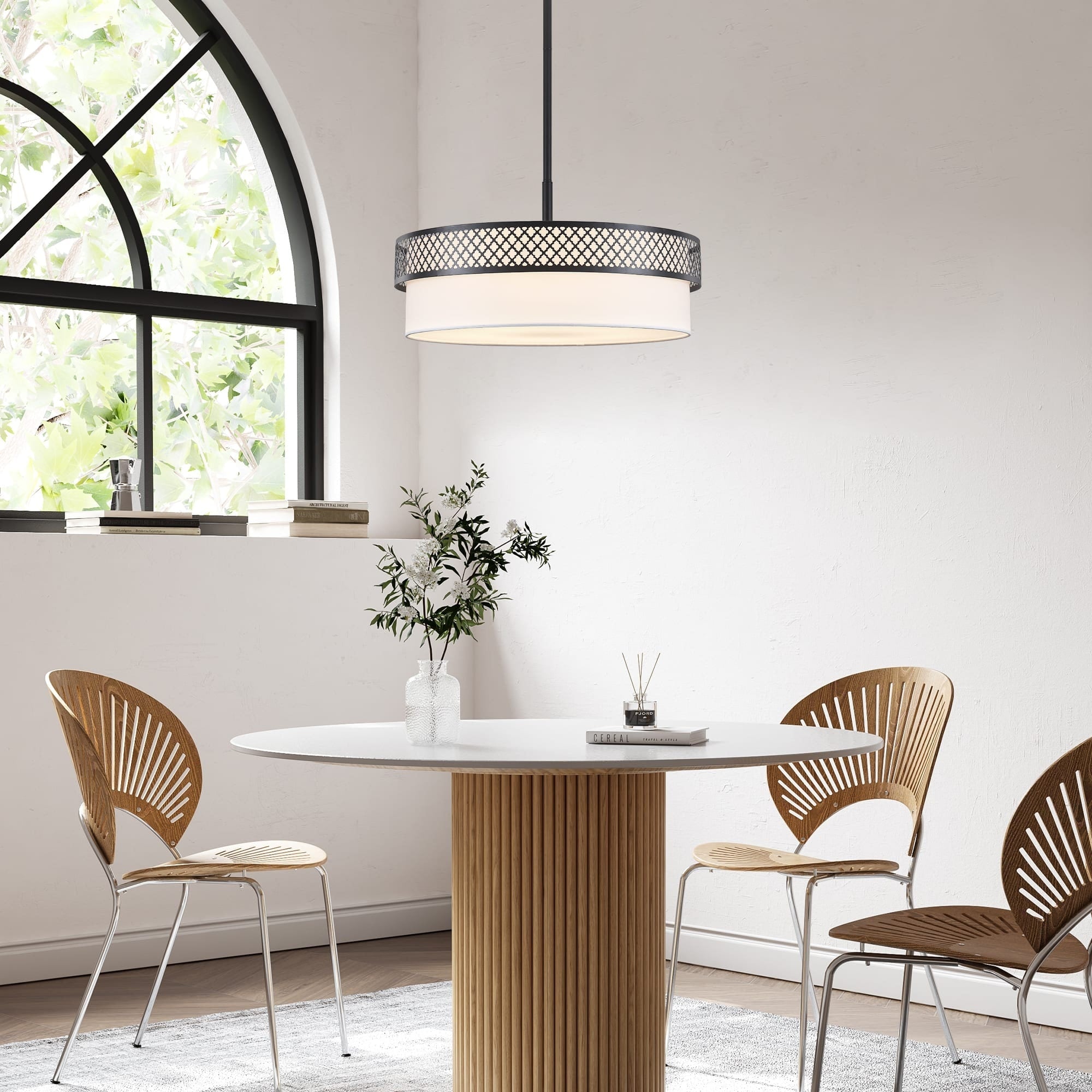 Modern 5 Light Metal Grid Frame Drum Pendant Light With Fabric Shade For Dining Room
