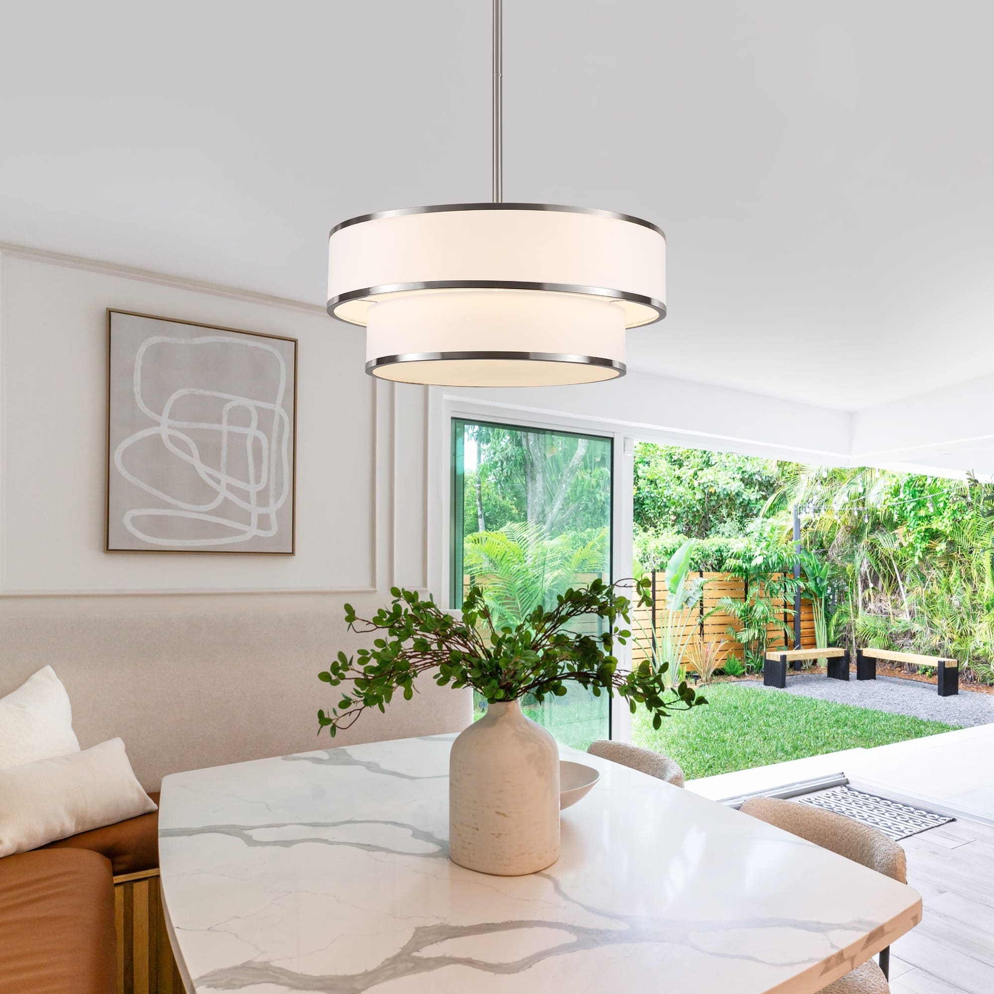 Modern 5 Light White Drum Pendant Light With 2 Tier Fabric Lampshade