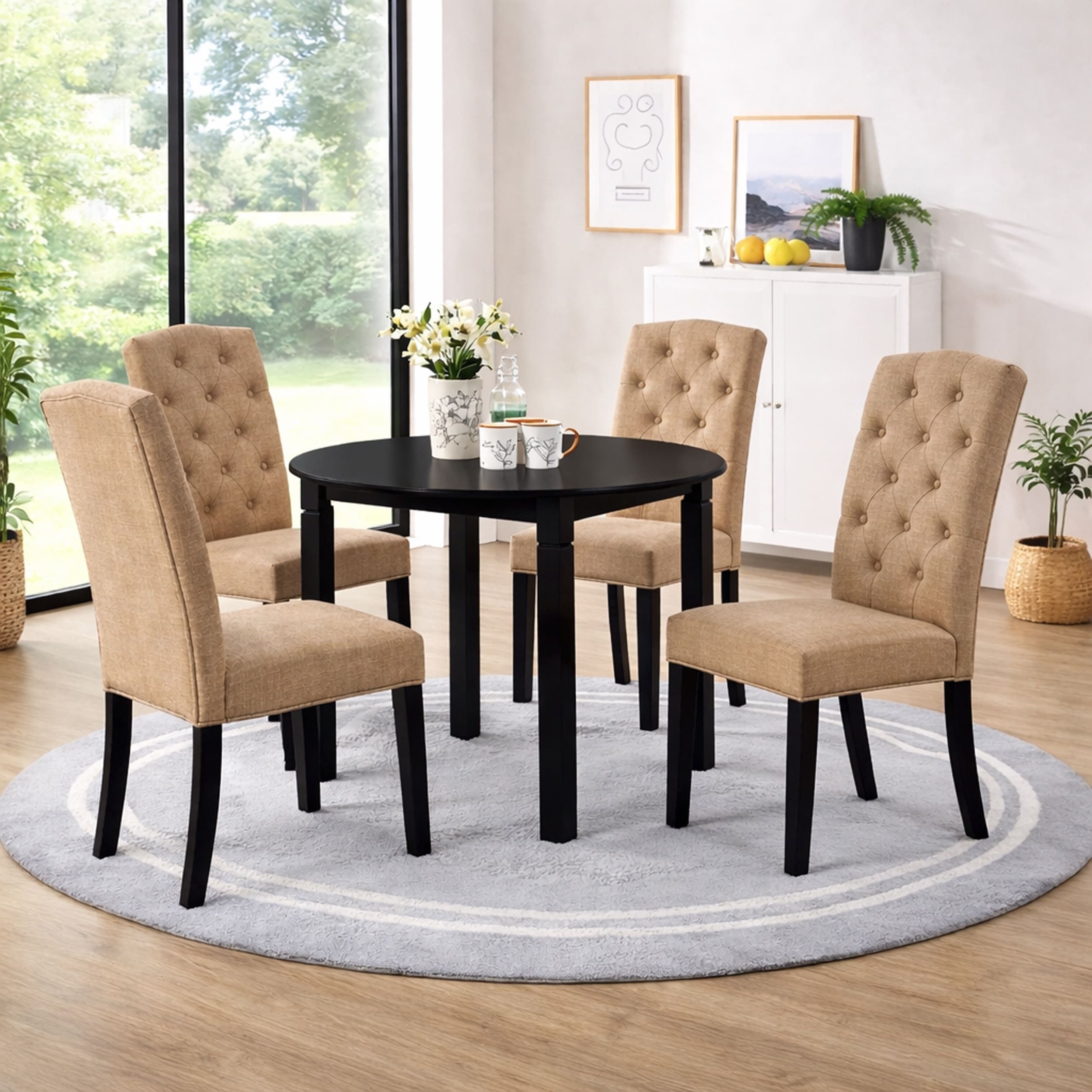 Modern 5 Piece 42 Inch Round Dining Set Black Finish With Sand Beige Polyester Upholstered Chairs Solid Rubberwood