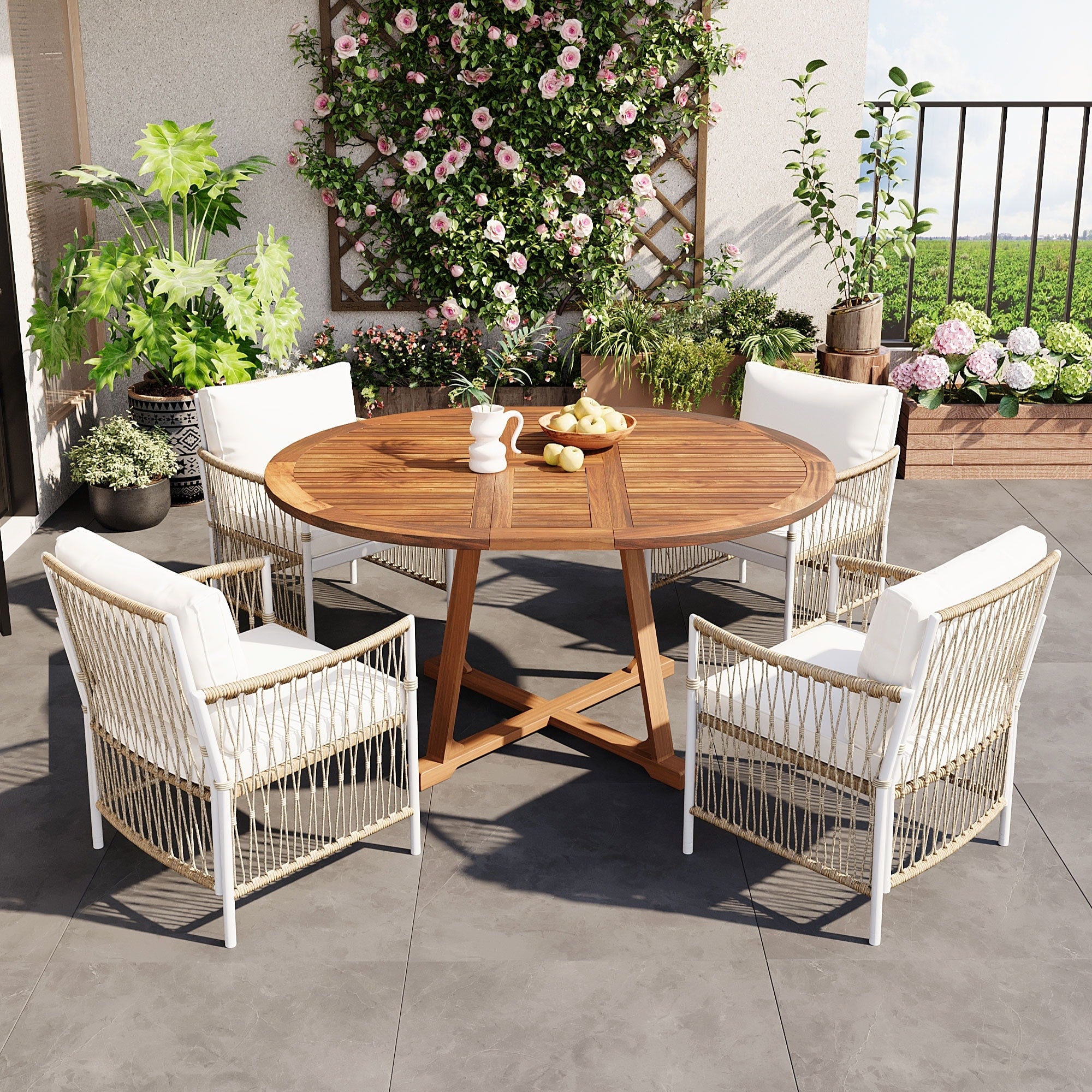 Modern 5 Piece Patio Extendable Dining Table Set 12 Butterfly Leaf Foldable Round Kitchen Table Set With 4 Rattan Arm Chairs