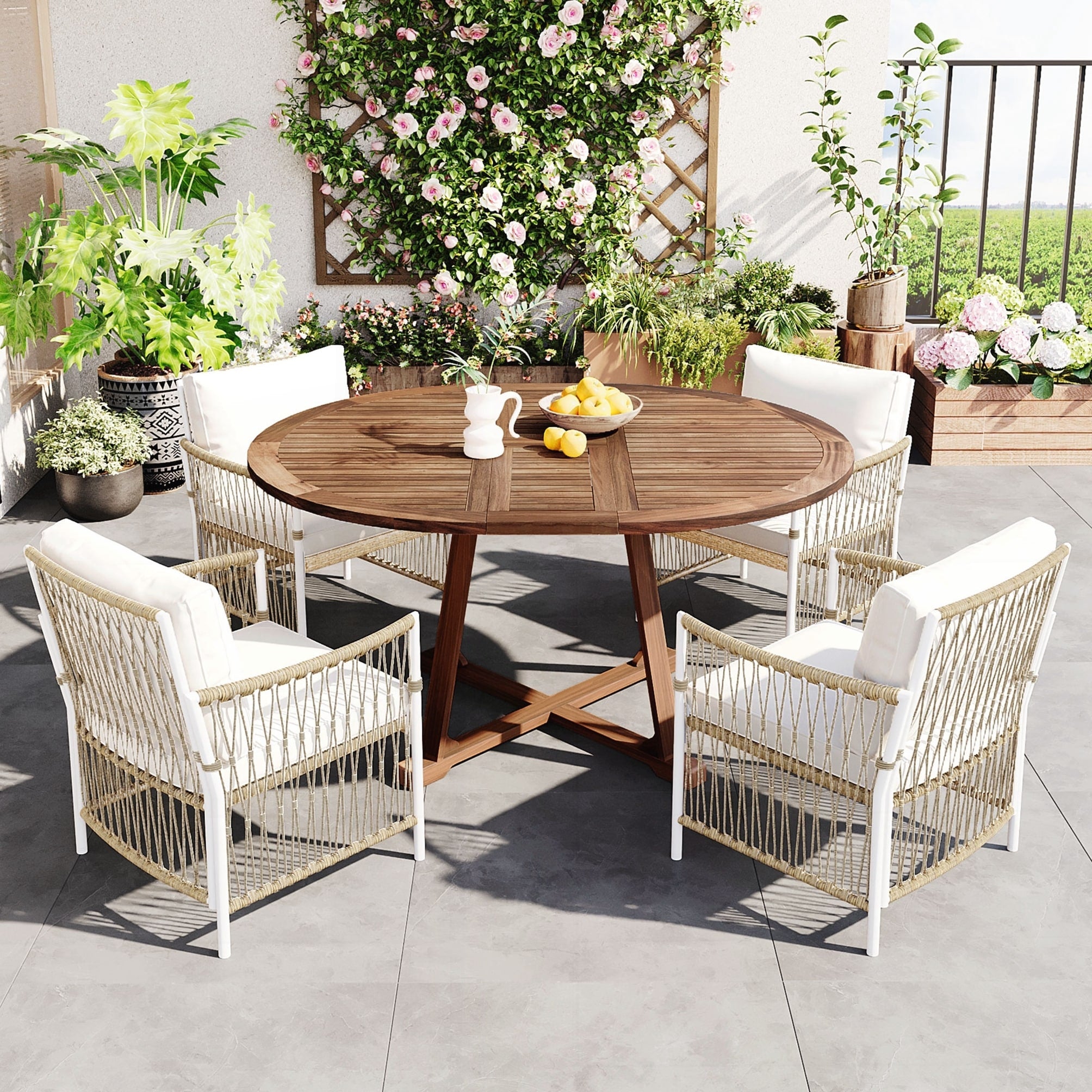 Modern 5 Piece Patio Extendable Wooden Dining Table Set 12Inch Butterfly Leaf Foldable Round Kitchen Table Set