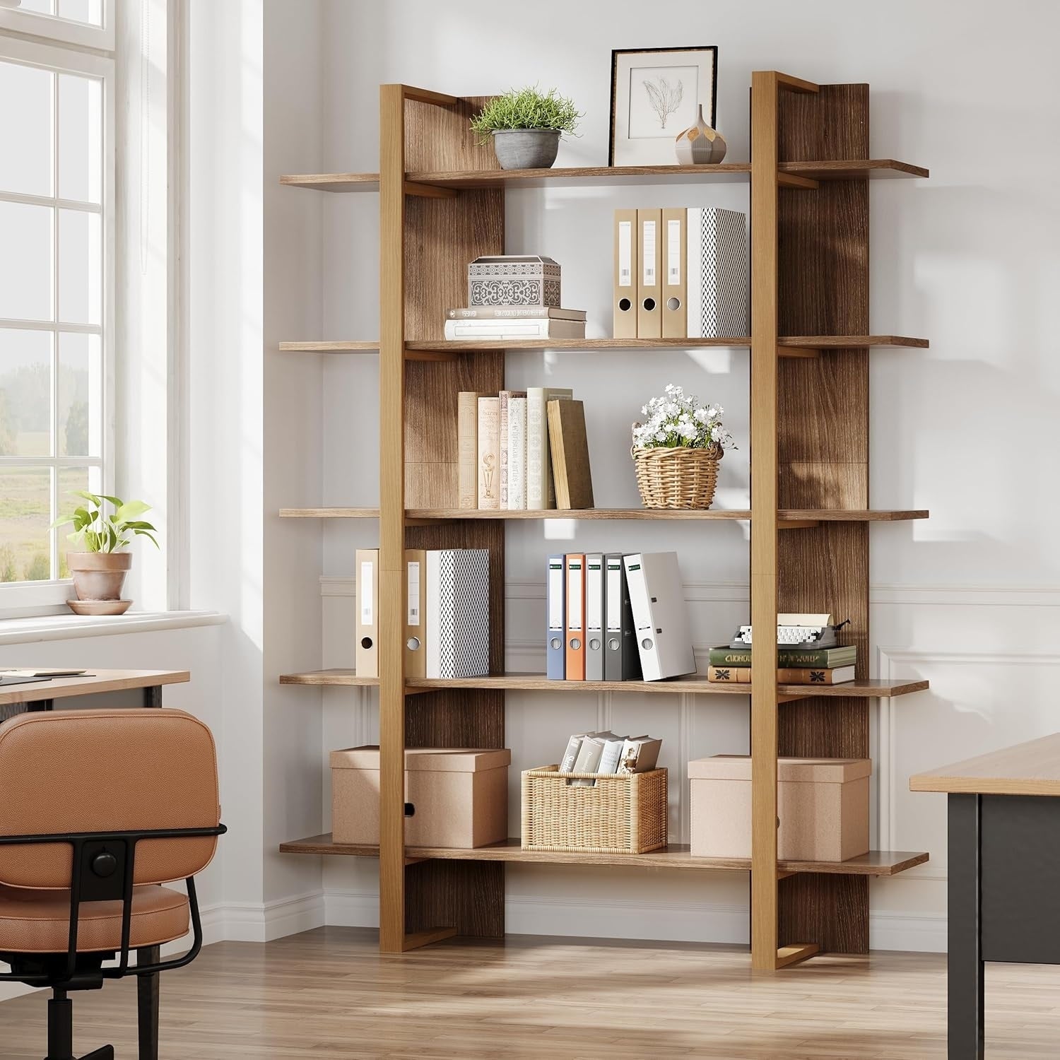 Modern 5 Tier Boho Bookshelf Open Bookcase With Metal Frame Retro Oak Beige Storage Shelf For Home Office Bedroom Living Room