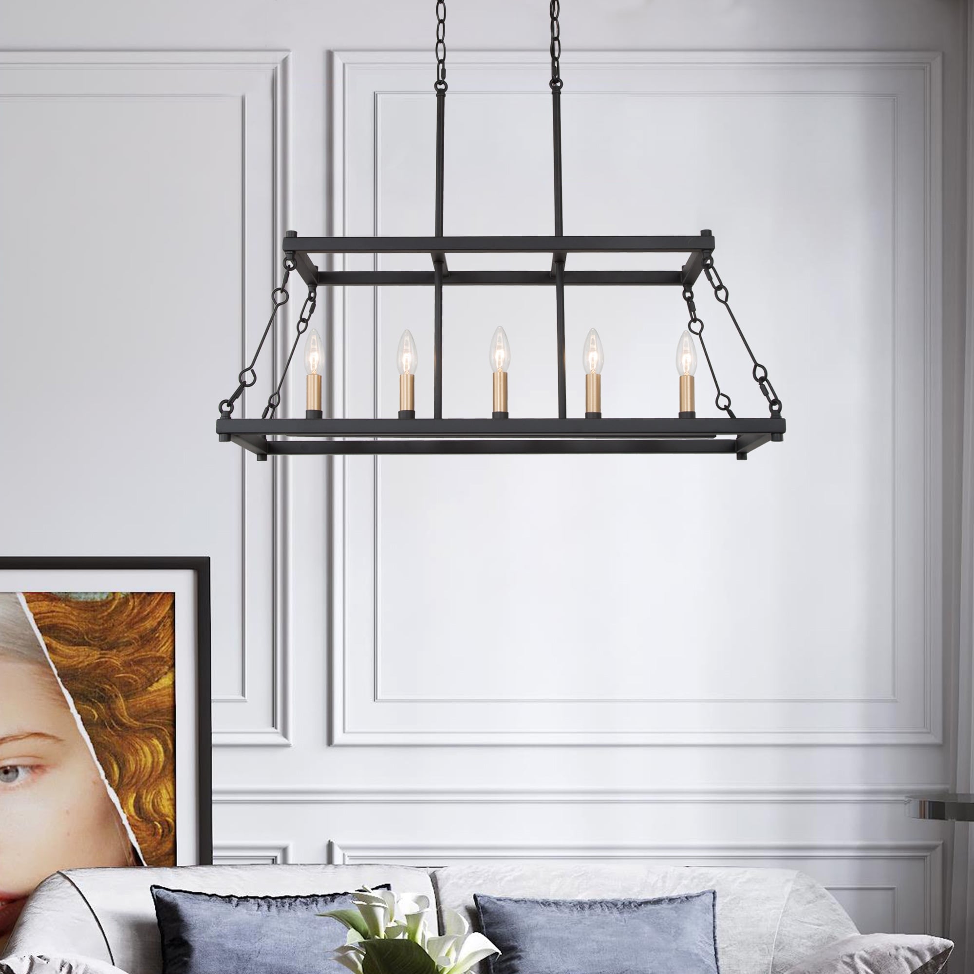 Mid Century 5 Lights Candle Linear Chandelier Island Pendant Lighting For Kitchen Island L 30 X W 12 X H 23.6