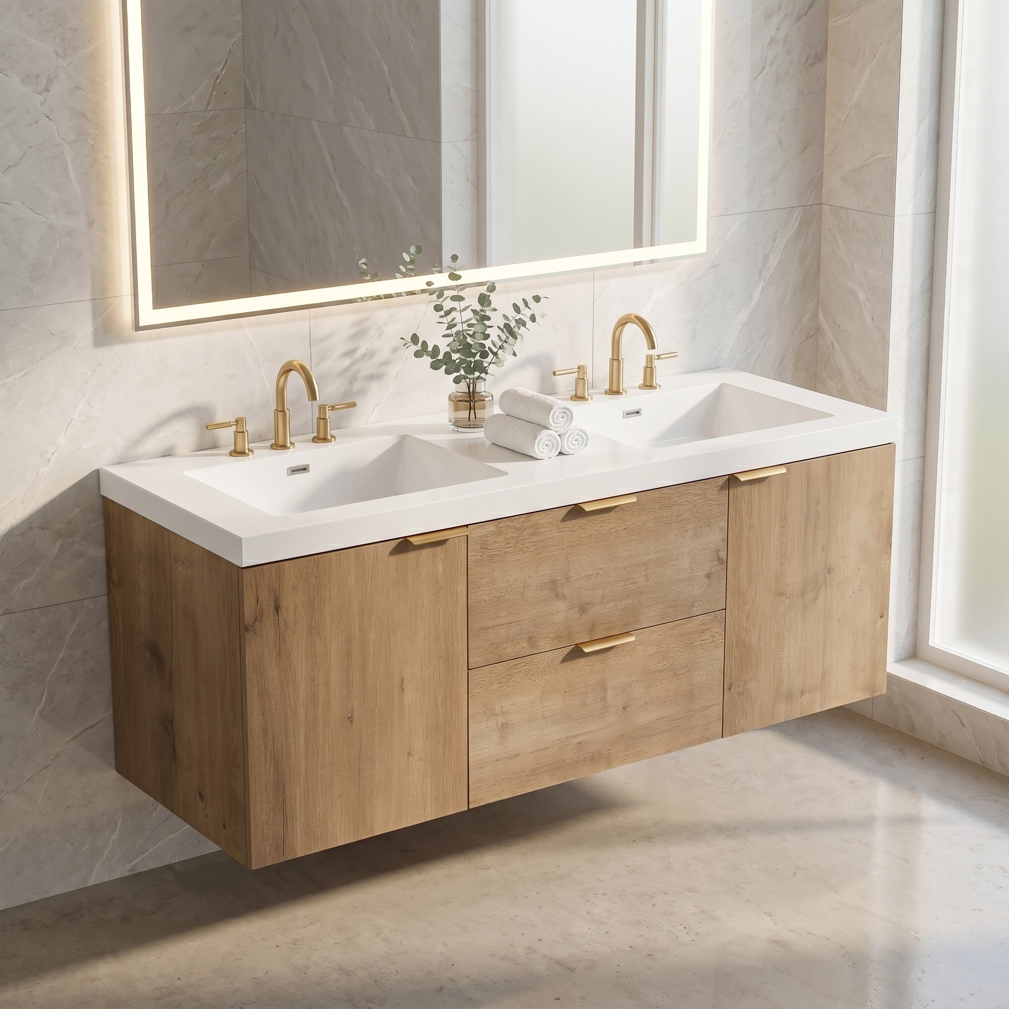 Modern 59 Inch Double Sink Bathroom Vanity With Soft Close Drawers Wall Mounted Mdf Vanity Cabinet