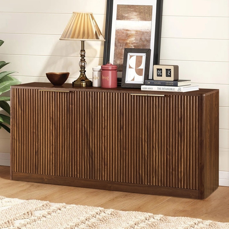 Modern 59 Fluted Buffet Sideboard Cabinet With Shelves Tv Stand Storage Cabinet With 4 Wave Doors For Organized Living Spaces