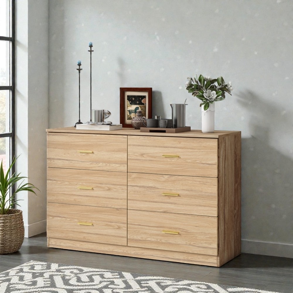 Modern 6 Drawer Dresser For Bedroom Wide Chest Of Drawers With Ample Storage Sturdy Gloss Finish