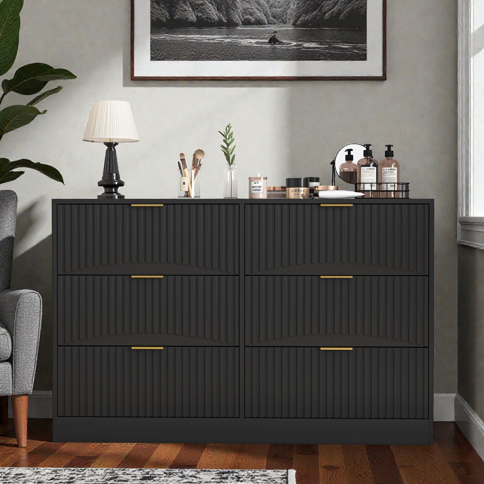 Modern 6 Drawer Dresser With Wavy Drawer Fronts Large Chest Of Drawers Storage Cabinet For Bedroom Living Room