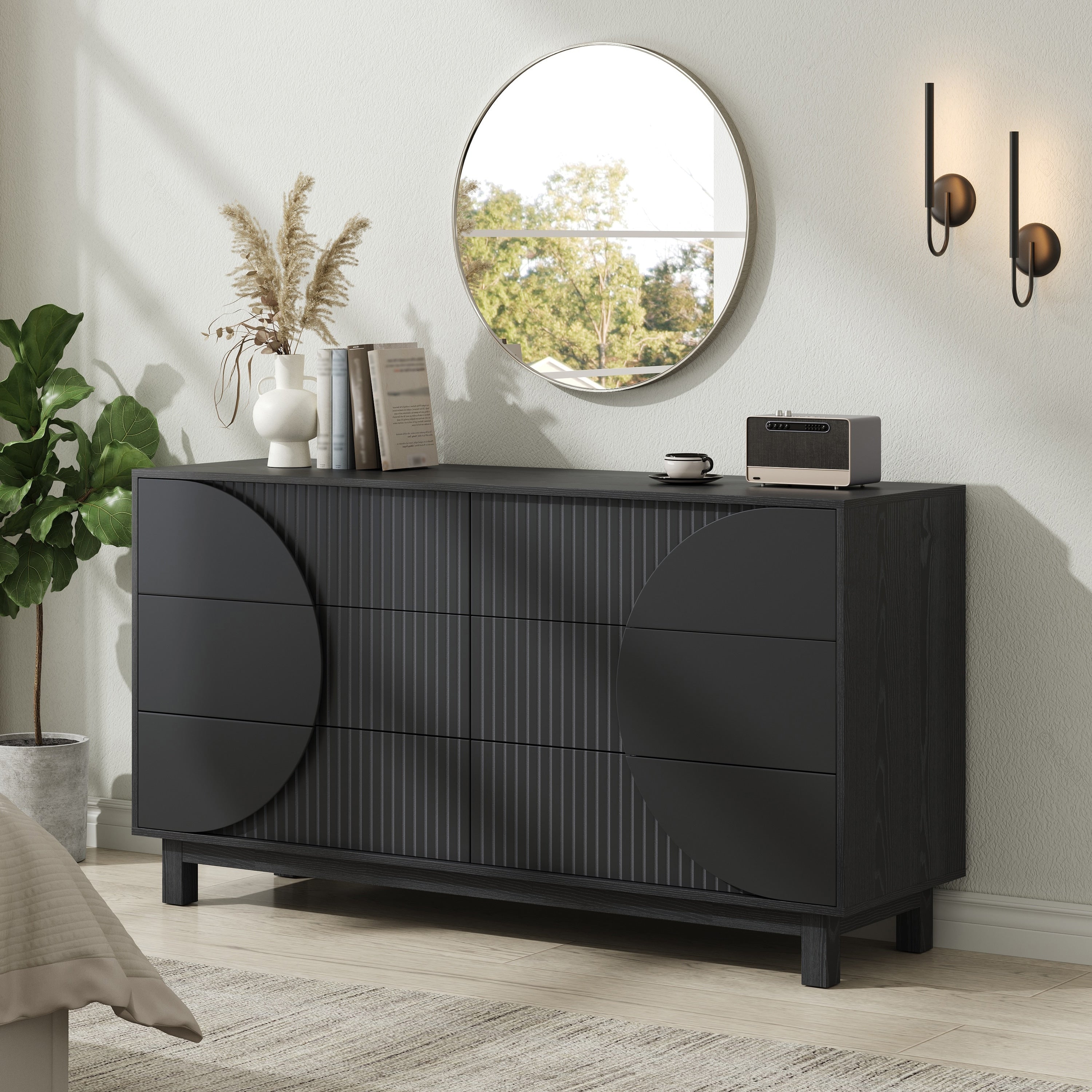 Modern 6 Drawer Fluted Dresser 60 W Modern Chest Of Drawers Tv Stand With Solid Wood Legs Clothes Organizer With 6 Deep Drawers