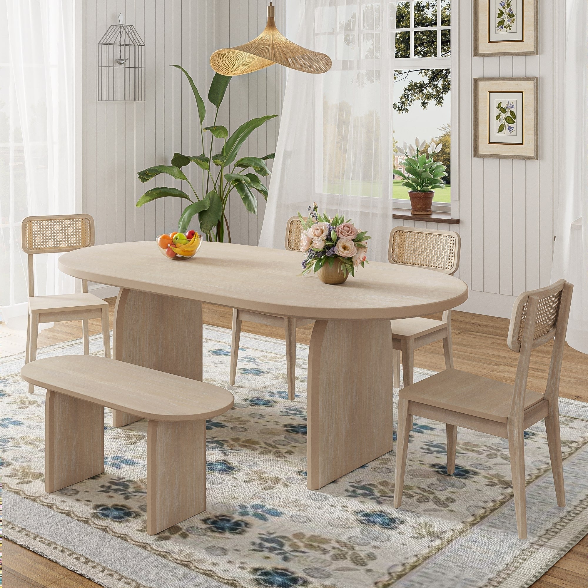 Modern 6 Piece Oval Dining Table Set With Sturdy Rattan Chairs And Bench For Family Gatherings
