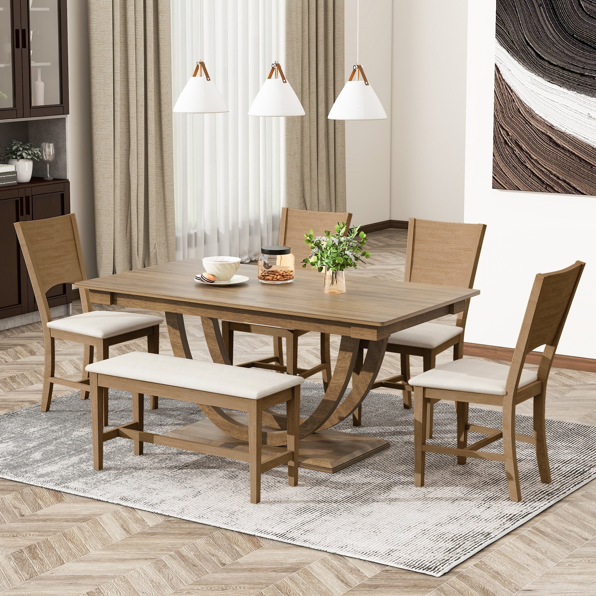 Modern 6 Piece Solid Wood Dining Set With Half Round Legs And Padded Chairs And Bench For Comfort