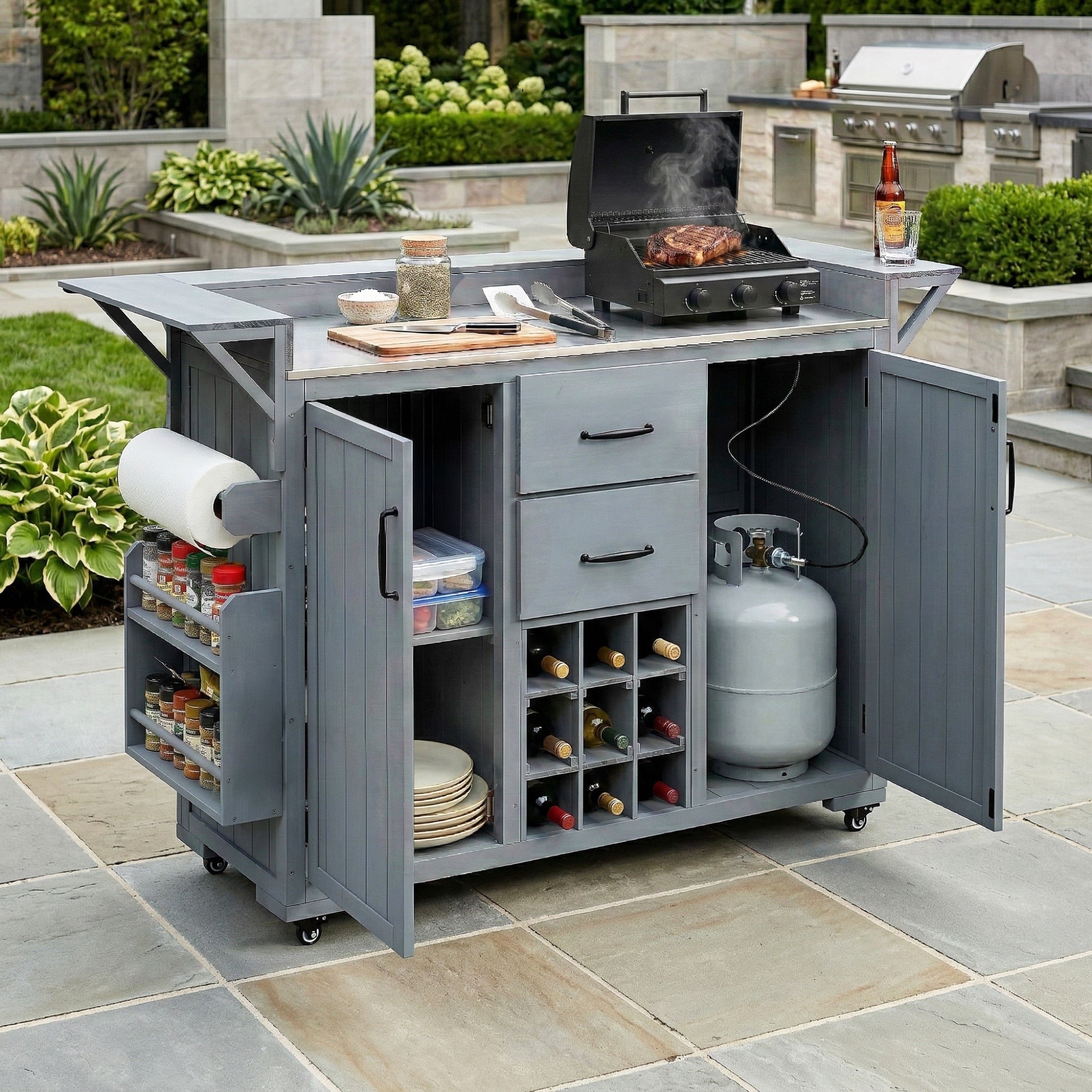 Modern 60.2 W Outdoor Bbq Kitchen Island With Wheels Stainless Steel Top Drawers Spice Rack Wine Rack