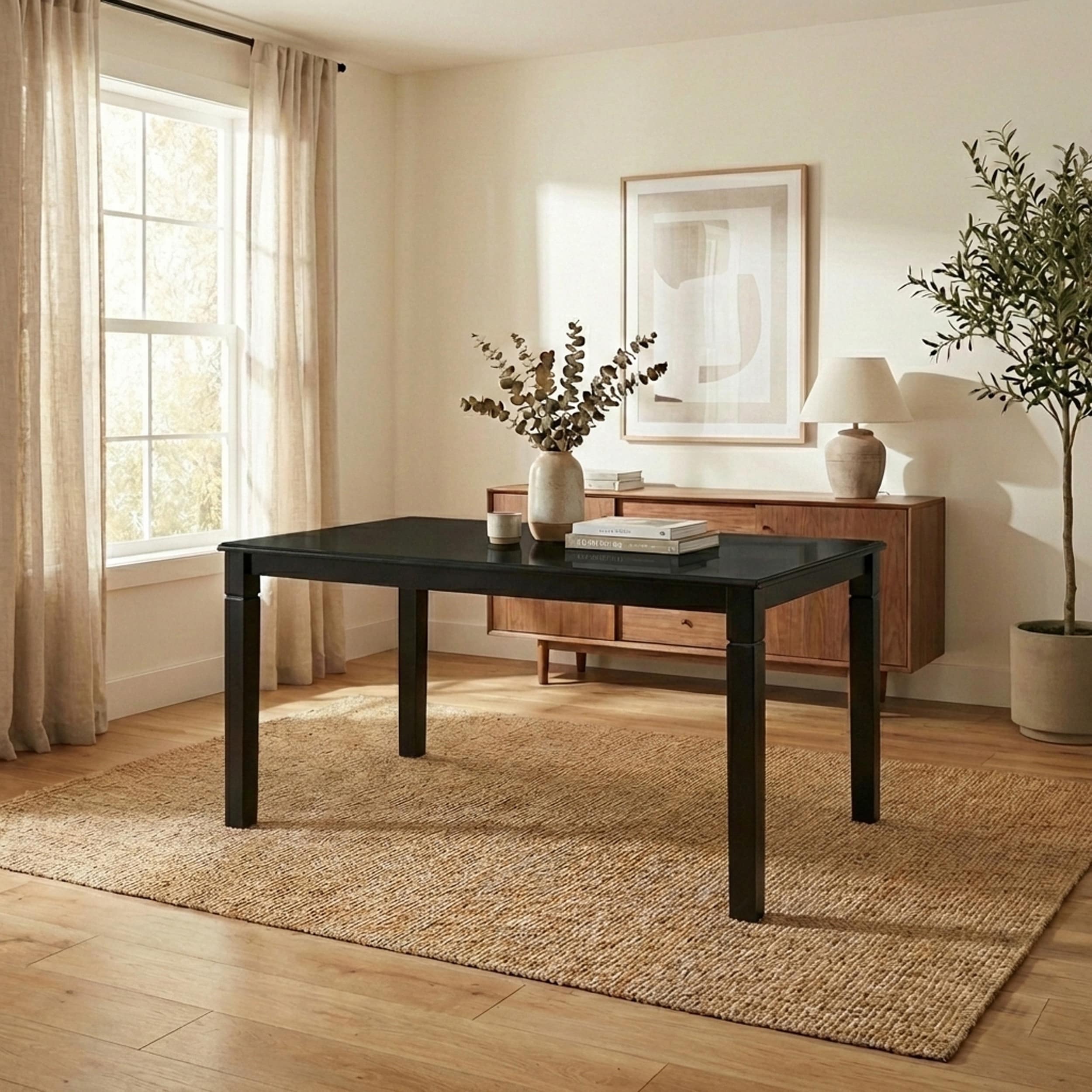 Modern 63 Inch Rectangular Dining Table Black Finish Solid Rubberwood