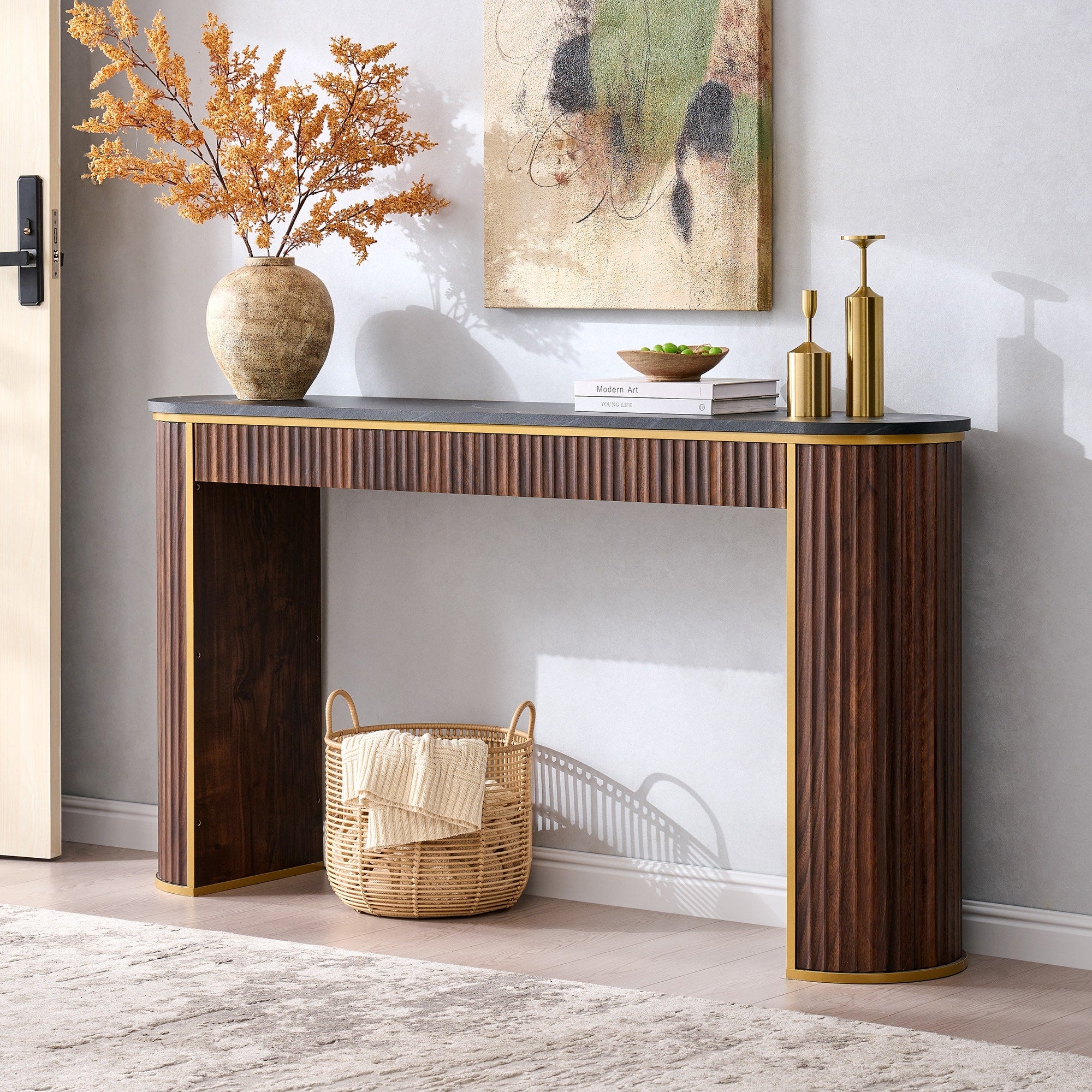 Modern 63 Fluted Console Table Faux Marble Texture Top Entry Table