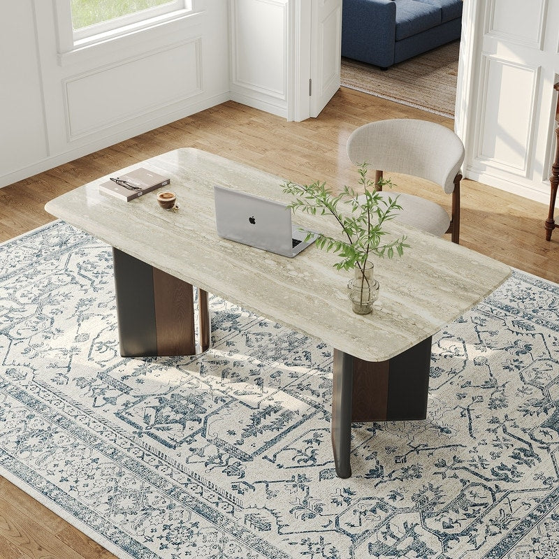 Modern 63 Retangular Wrining Desk Faux Marble Table Top Desk With Double Legs