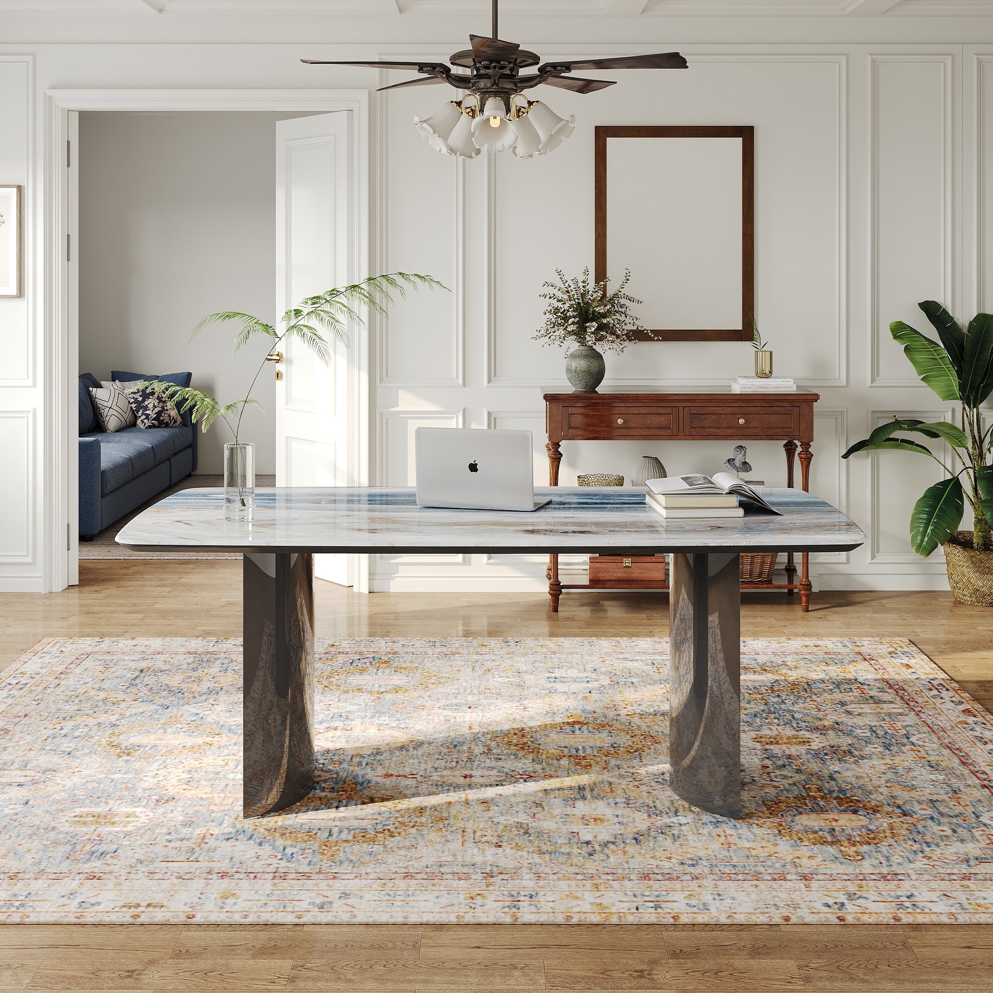 Modern 63 Retangular Wrining Desk Faux Marble Table Top Desk With Double Legs