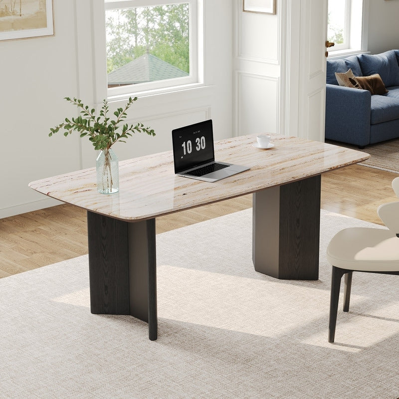 Modern 63 Retangular Wrining Desk Faux Marble Table Top Desk With Double Legs