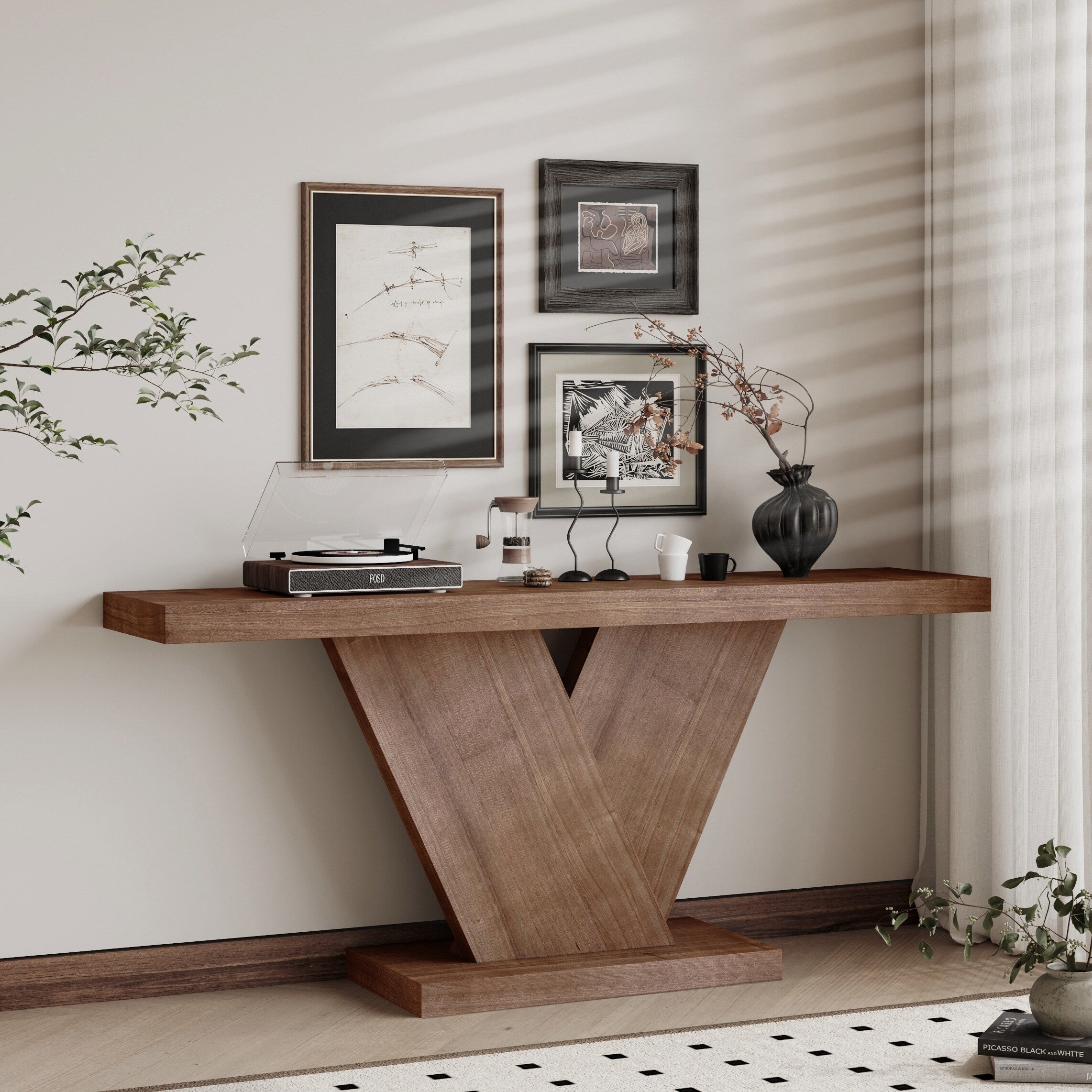 Modern 66.15 Console Table With X Leg And Solid Wood Veneer For Entryway Or Hallway Space In Mid Century Style