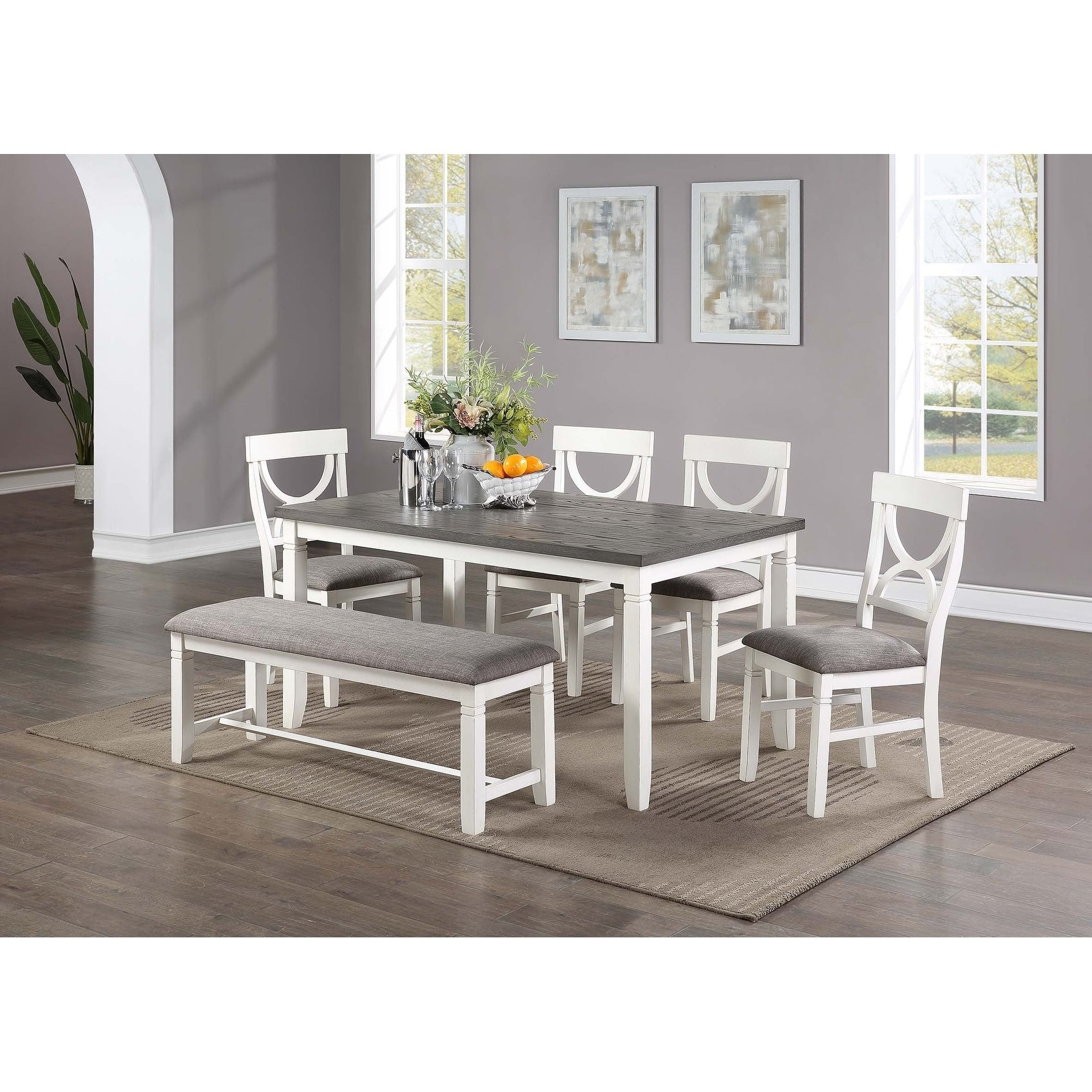 Modern 6Pc Dining Set 1X Table 4X Chairs 1X Bench White Finish
