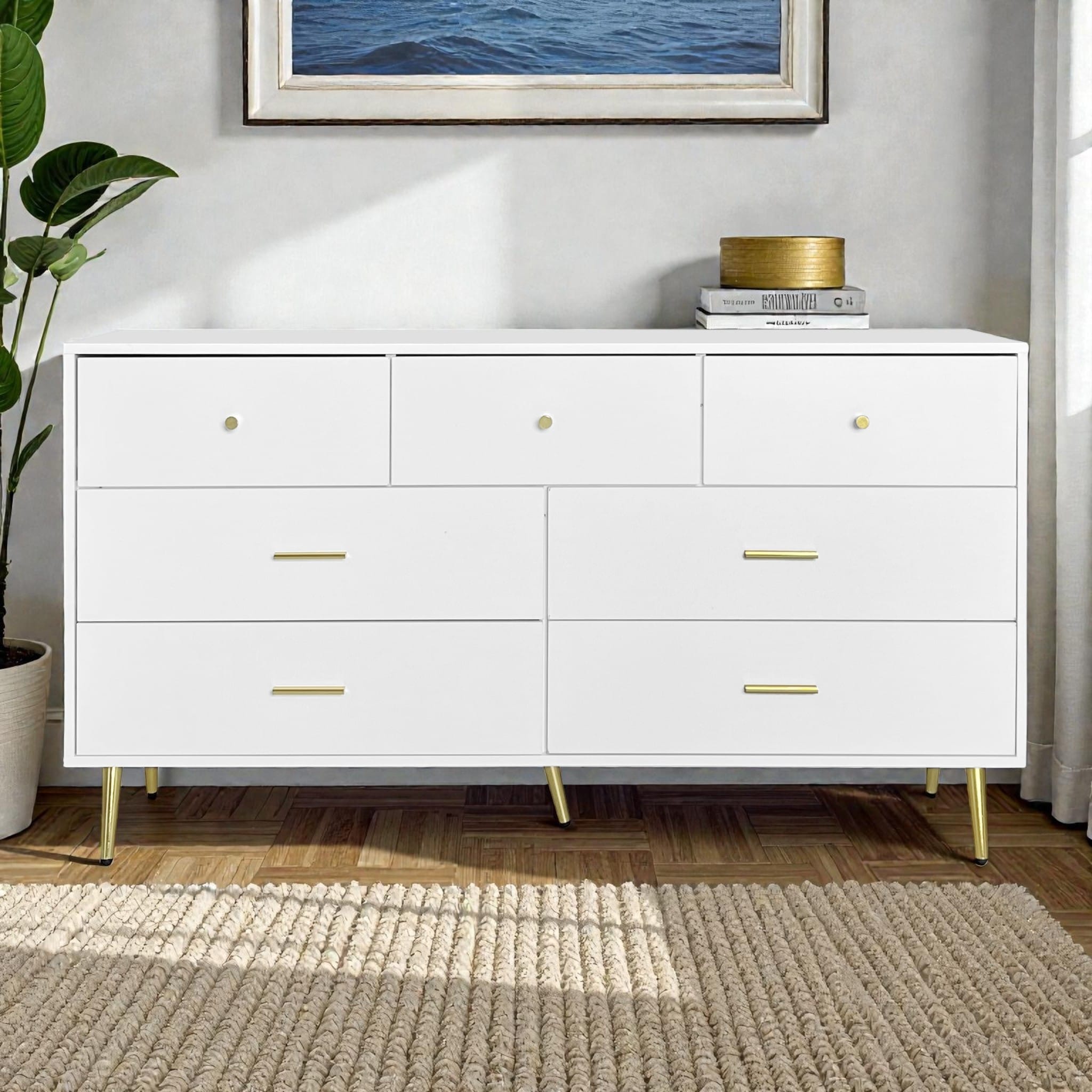 Modern 7 Drawer Dresser With Gold Handles And Legs Large White Chest Of Drawers Storage Cabinet For Bedroom