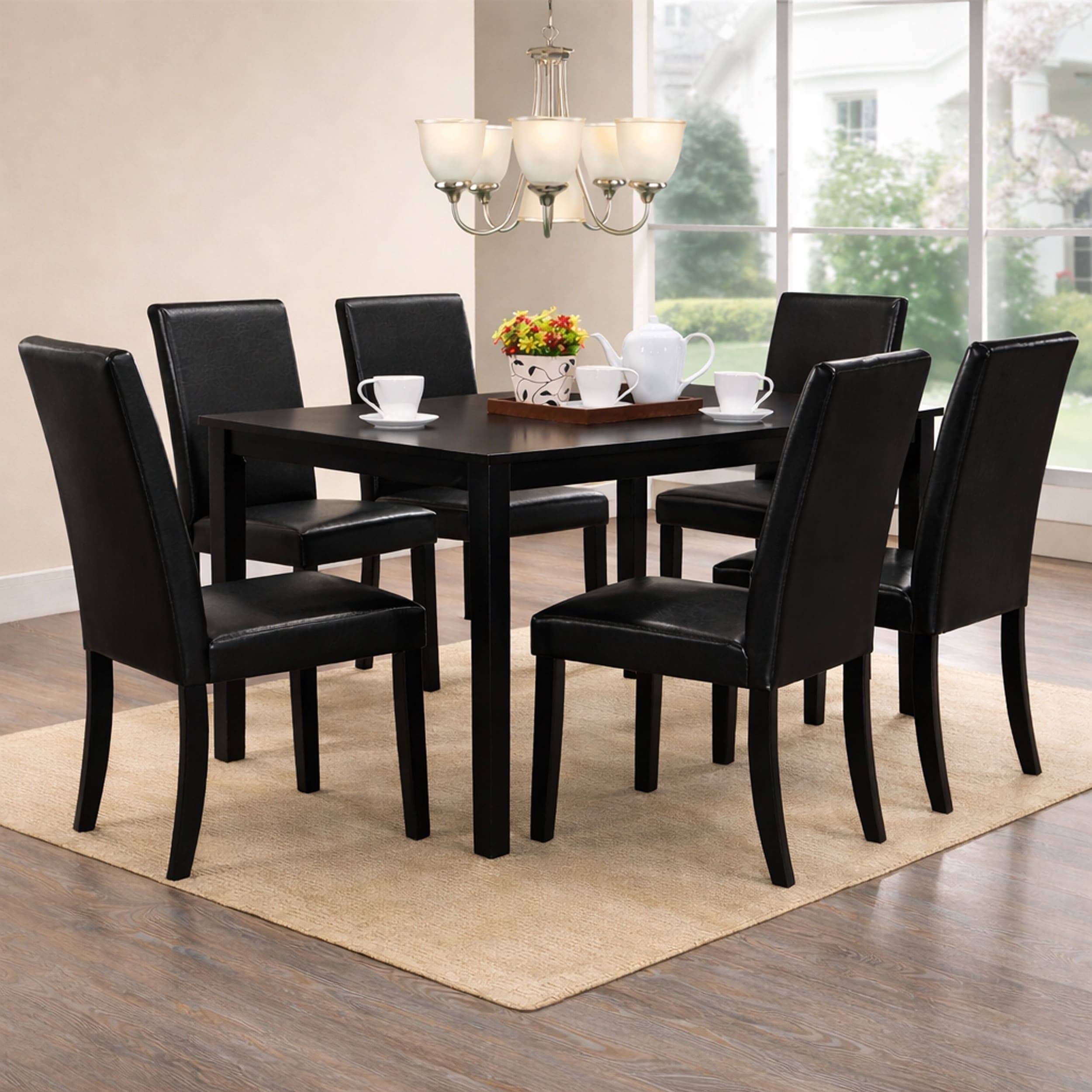 Modern 7 Piece 59 Inch Rectangular Dining Set Black Finish With Black Pu Leather Upholstered Chairs Solid Rubberwood