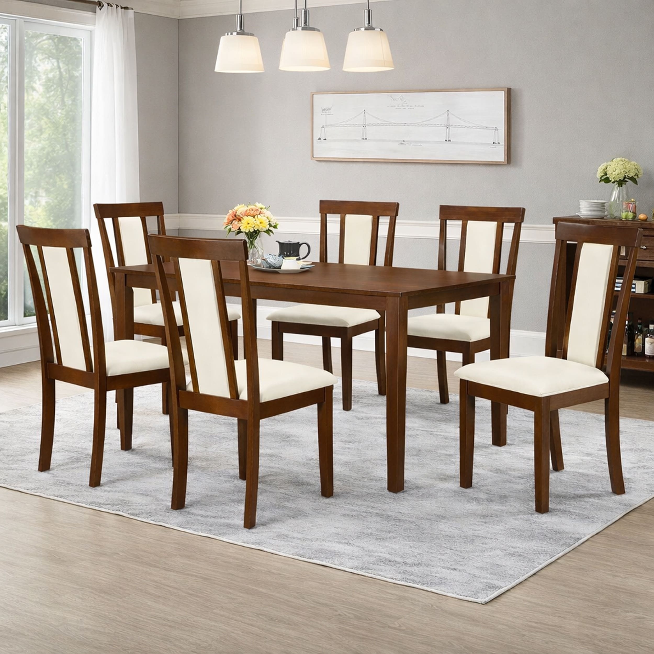Traditional 7 Piece 59 Inch Rectangular Dining Set Dirty Oak Finish With Beige Polyester Upholstered Chairs Solid Rubberwood