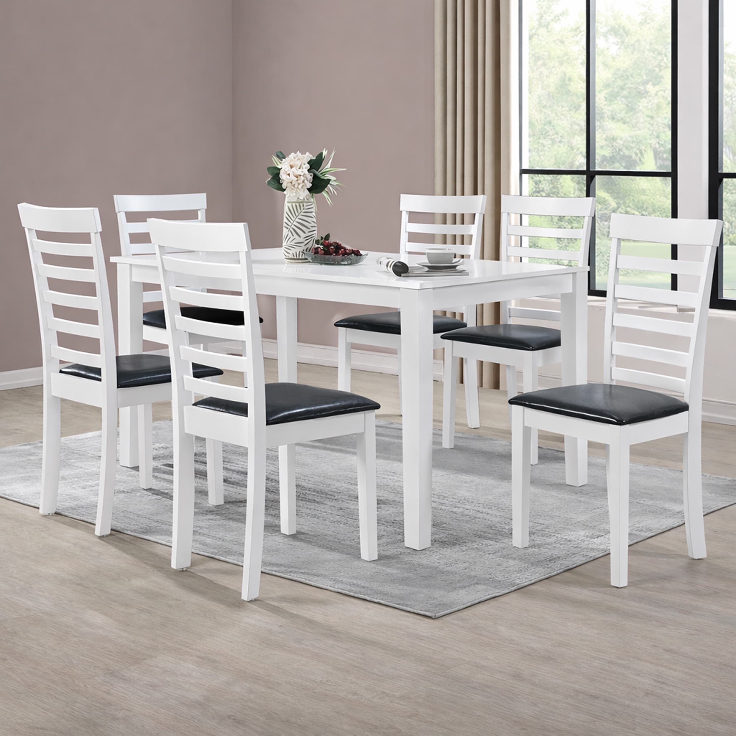 Traditional 7 Piece 59 Inch Rectangular Dining Set White Finish With Black Pu Leather Upholstered Chairs Solid Rubberwood