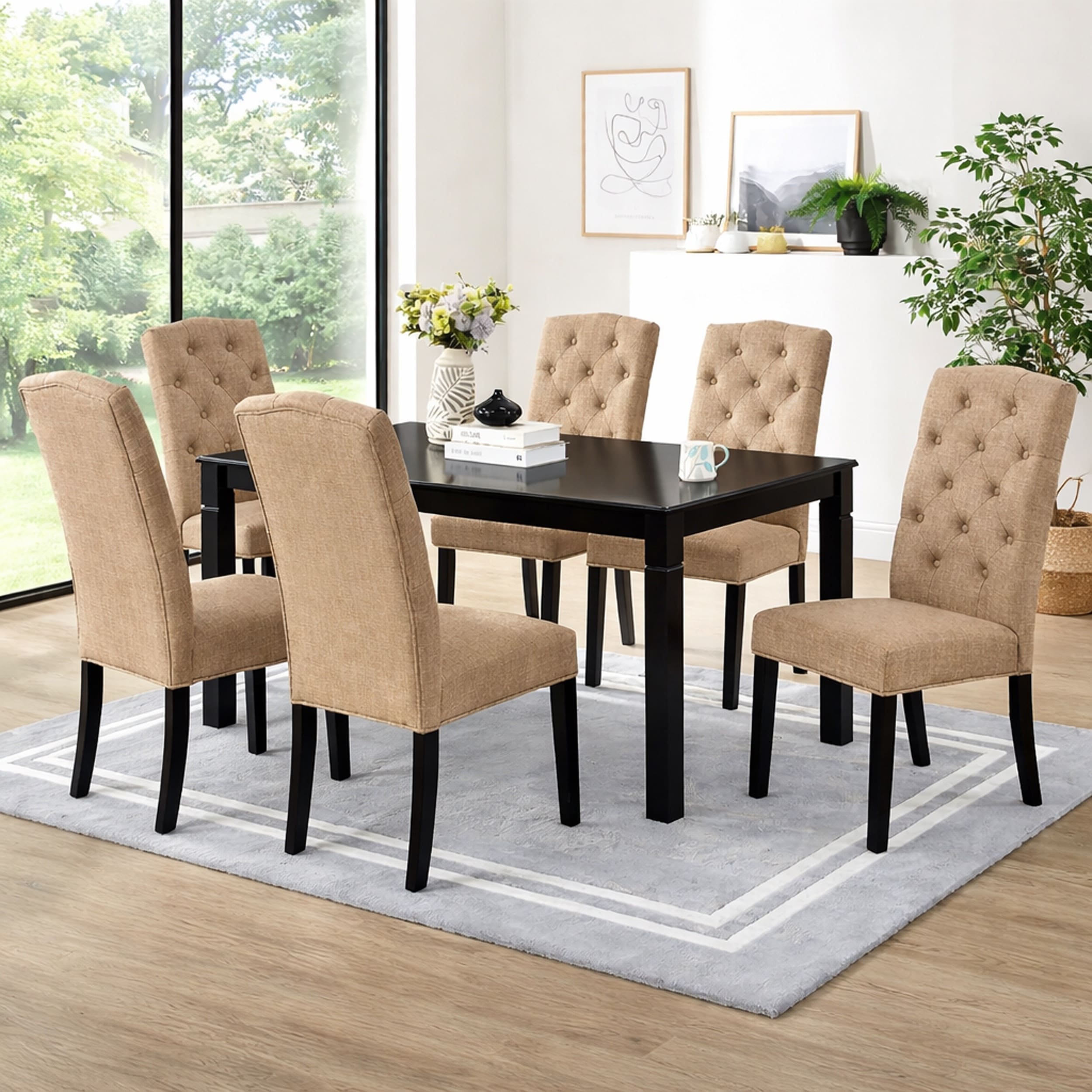 Modern 7 Piece 63 Inch Rectangular Dining Set Black Finish With Sand Beige Polyester Upholstered Chairs Solid Rubberwood