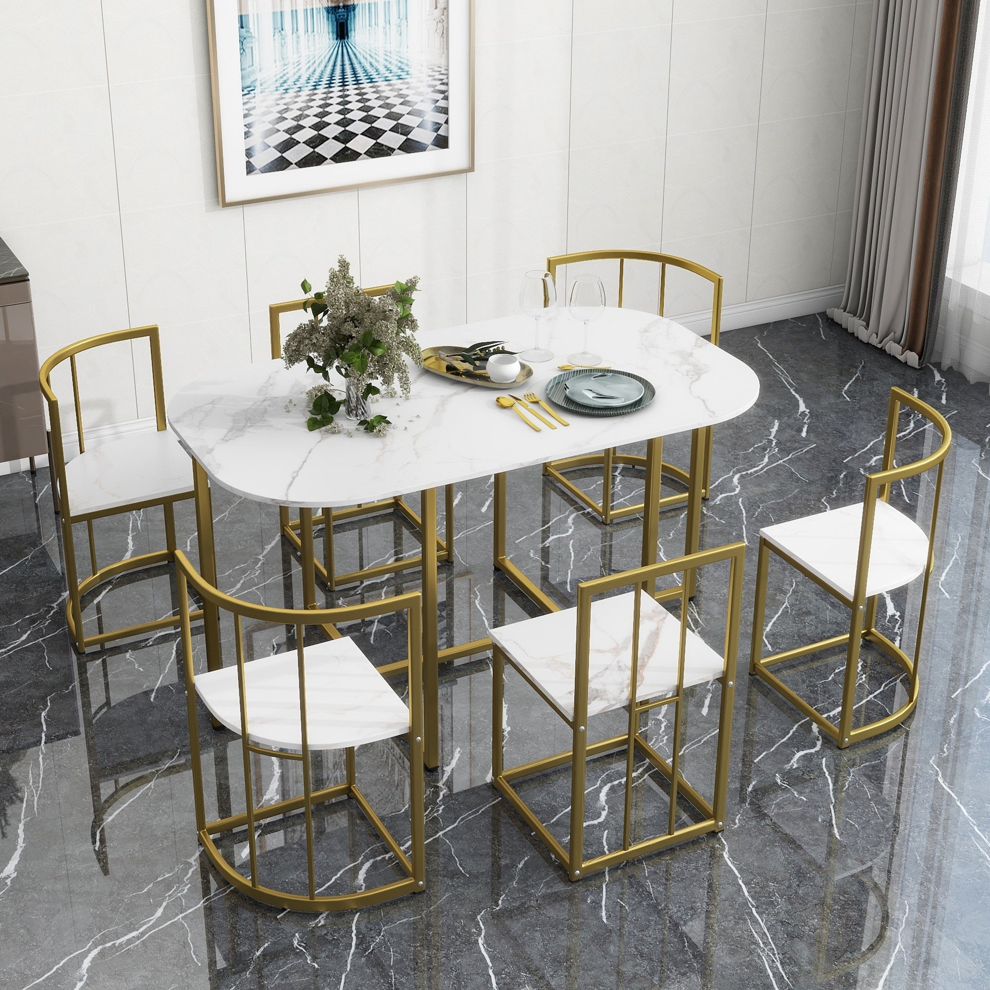 Modern 7 Piece Dining Table Set With Faux Marble Compact 55Inch Kitchen Table Set For 6 Golden White