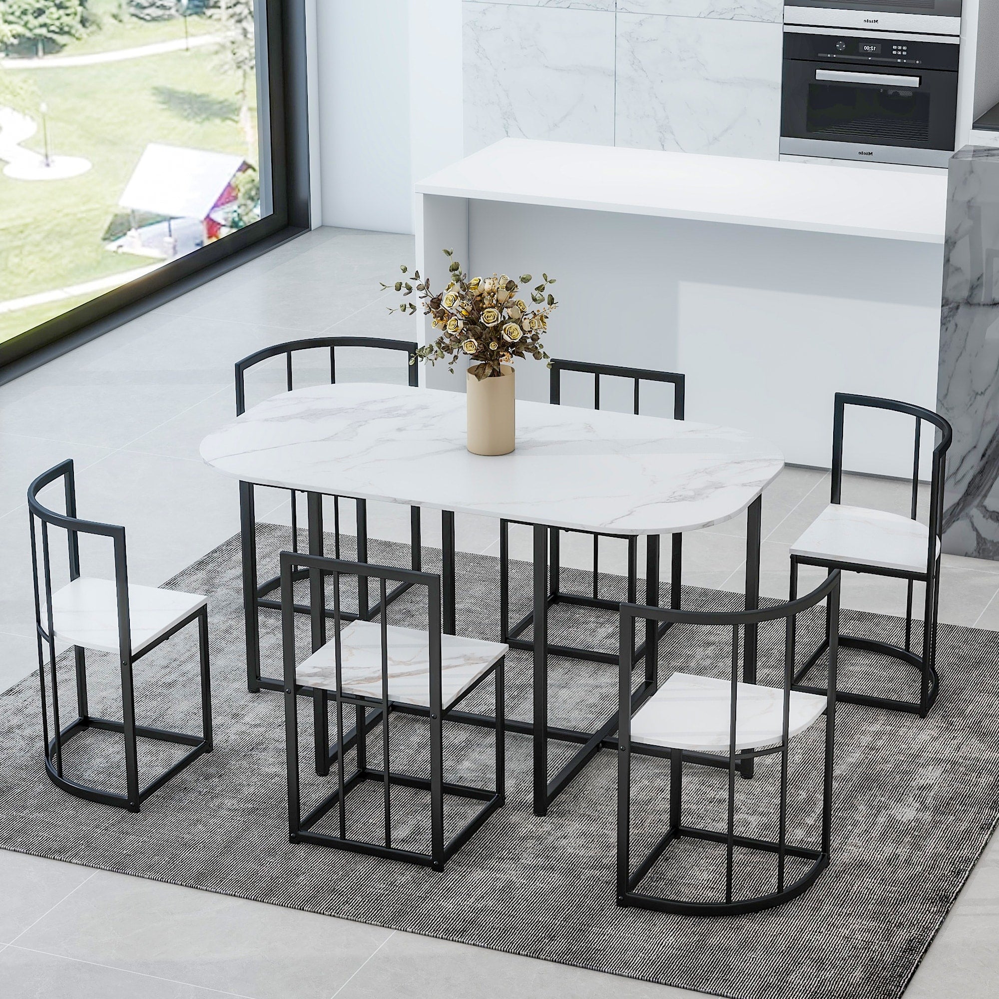 Modern 7 Piece Dining Table Set With Faux Marble Compact 55 Inch Kitchen Table Set For 6