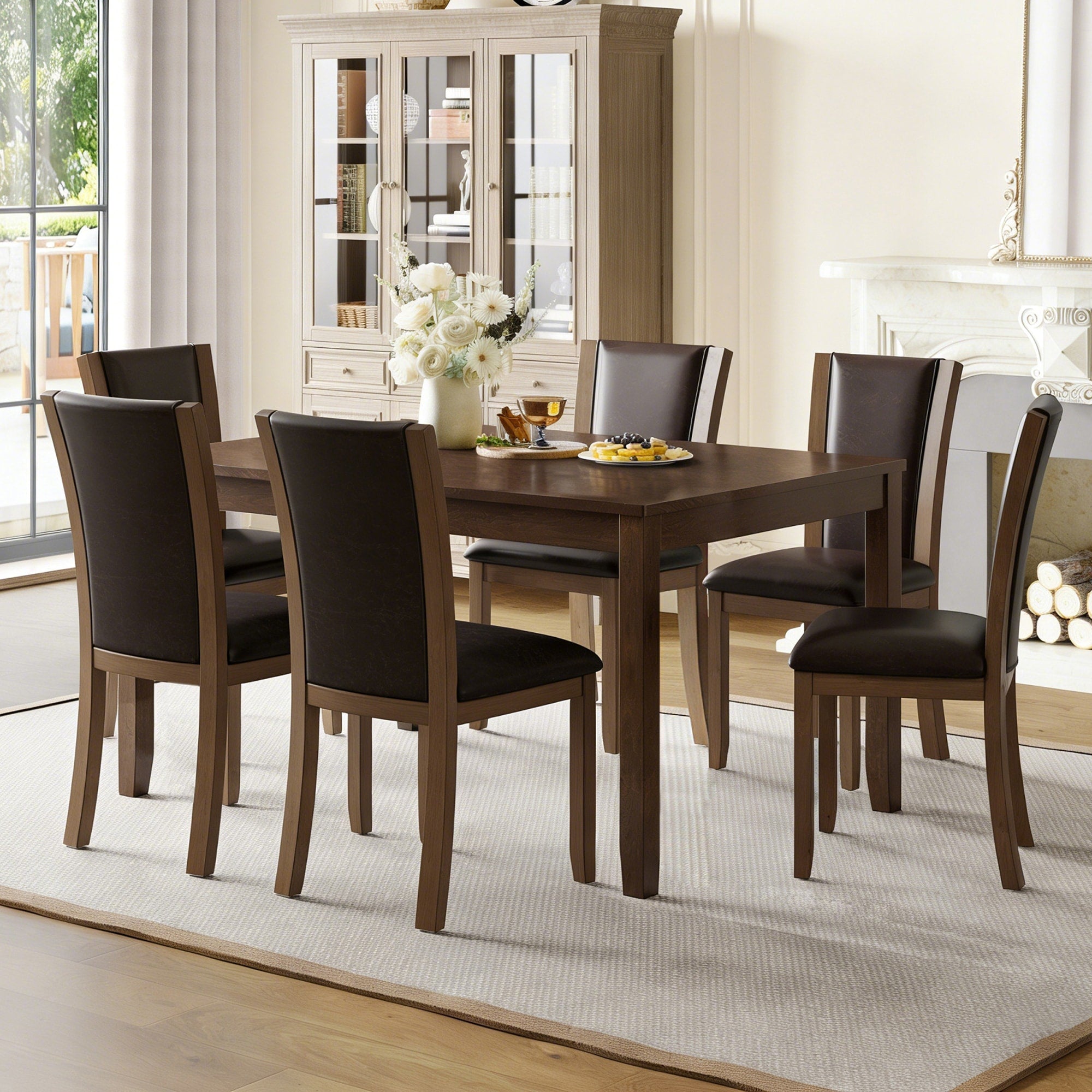 Modern 7 Piece Rectangular Dining Table Set With 6 Upholstered Chairs For Dining Room Kitchen Restaurant