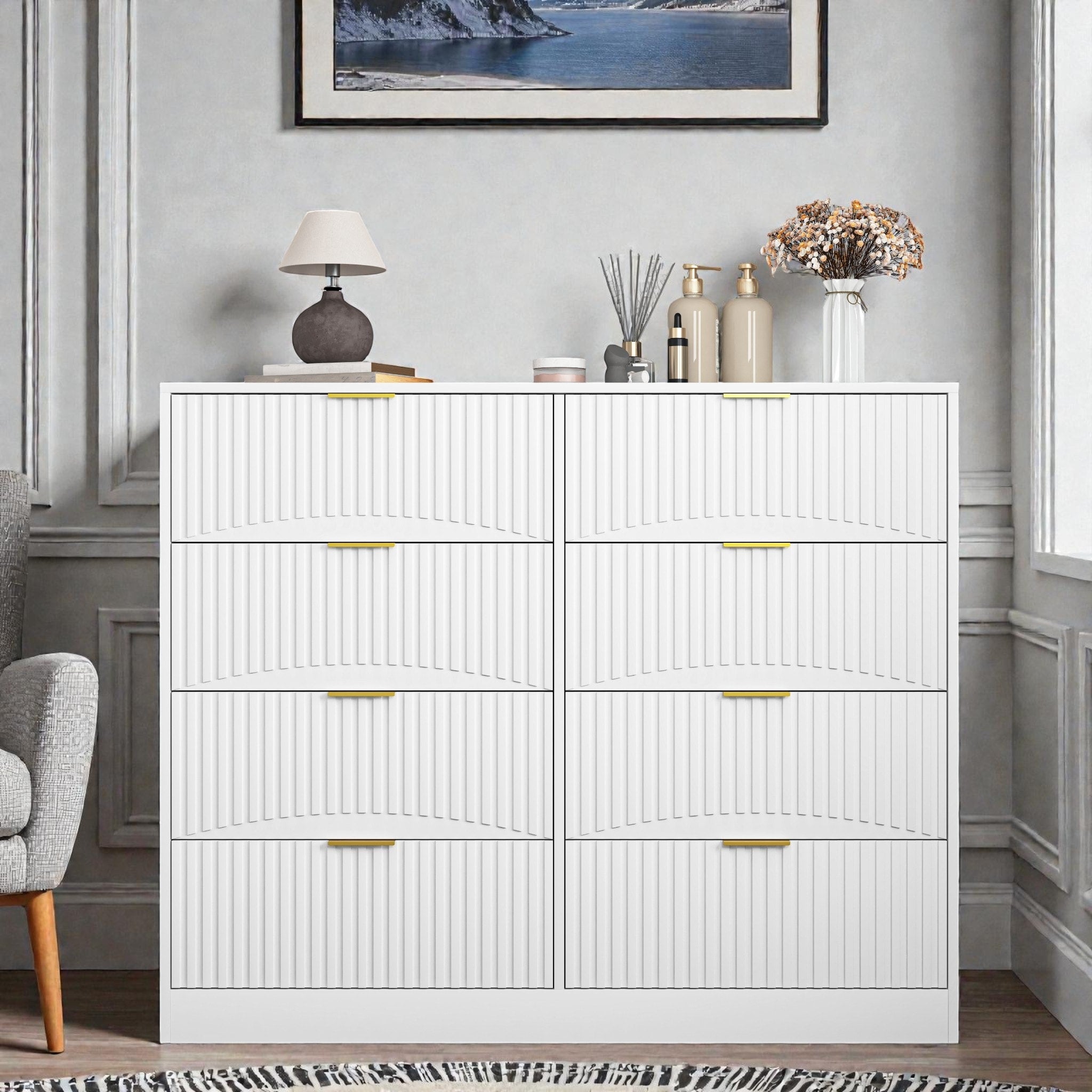 Modern 8 Drawer Dresser With Gold Metal Handles 47.2 Inch Wide Wood Chest Of Drawers For Bedroom Living Room