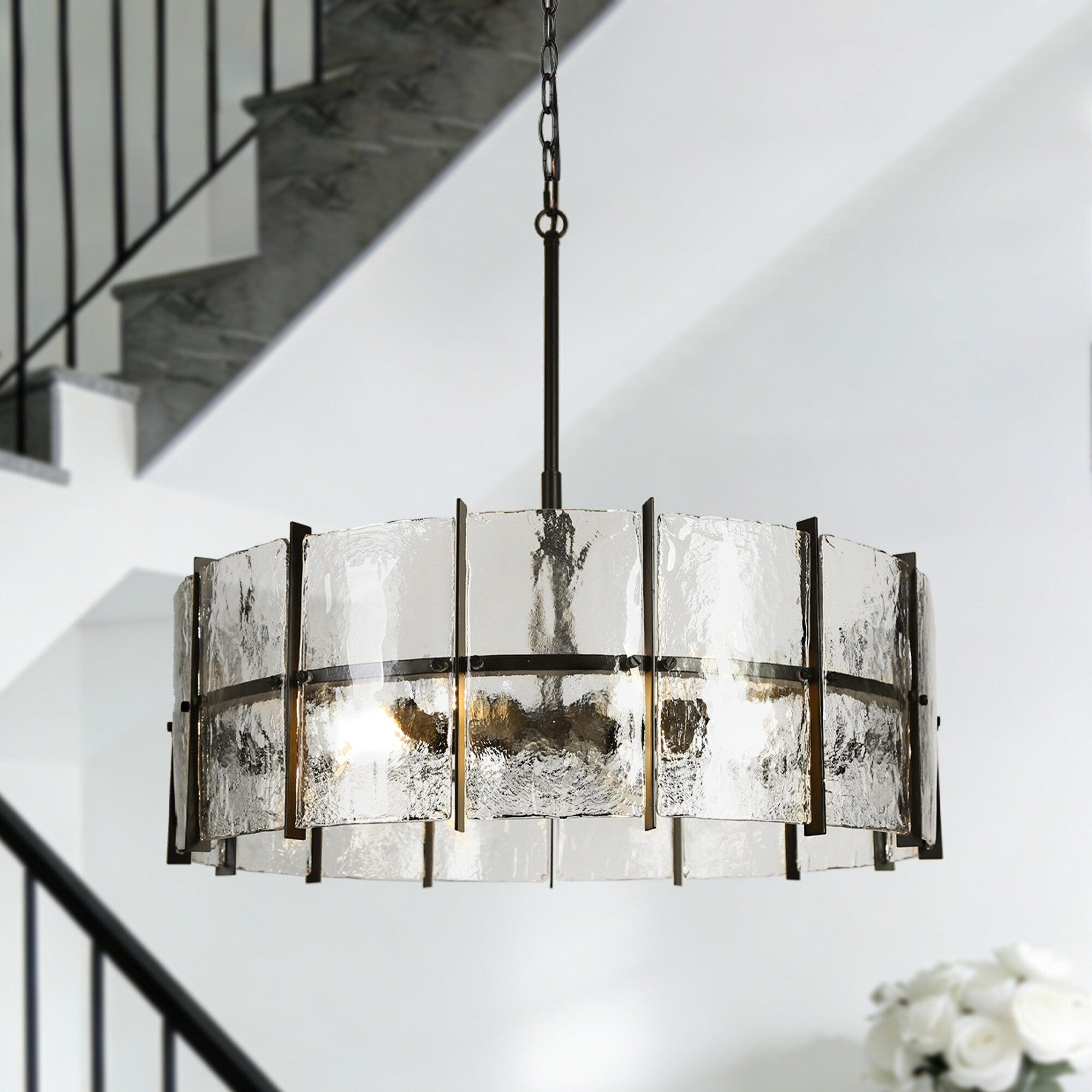 Modern 8 Light Drum Chandelier With Textured Gray Glass Shade For Living Dining Room Foyer Dia. 31.5 X H 11