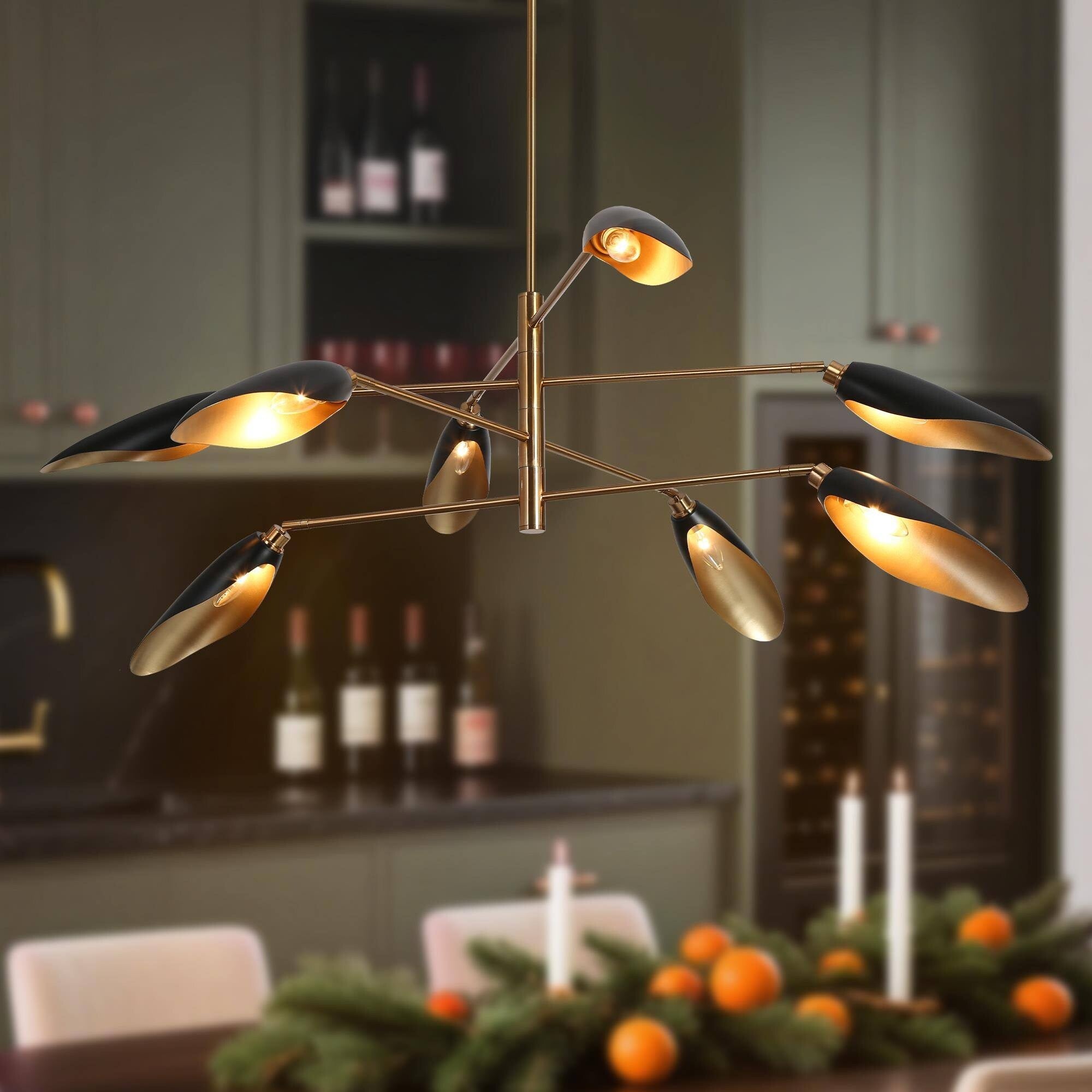 8 Light Modern Unique Large Leaf Chandelier Black Gold Light Fixture Metal Kitchen Island Lights For Dining Room