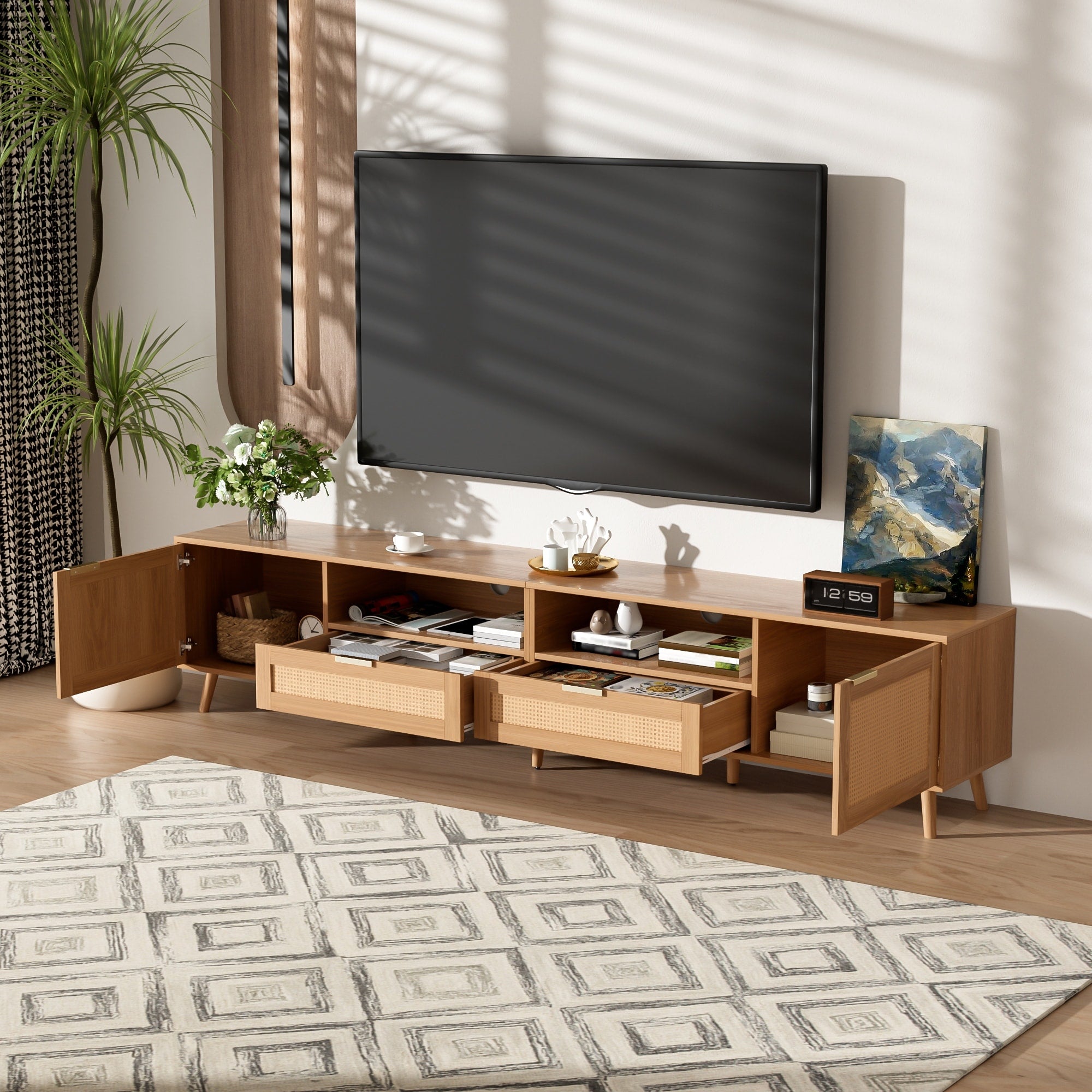 Modern 86.6 Tv Stand For Tvs Up To 90 Farmhouse Tv Cabinet Media Console Table With Solid Wood Legs
