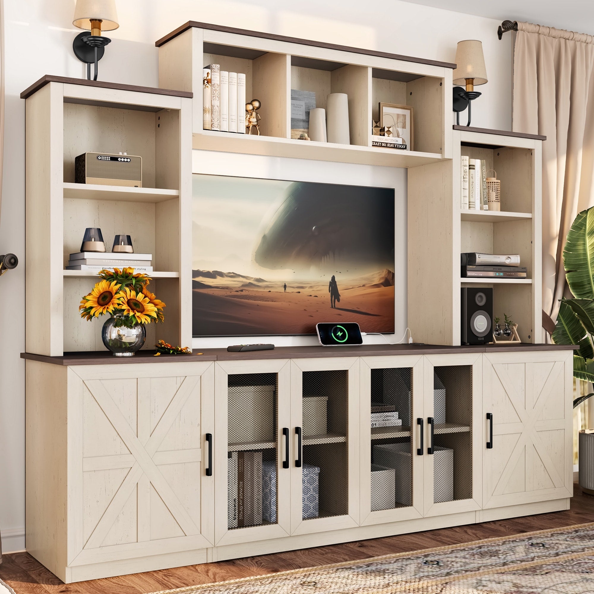 Modern 87.6 Wall Unit Entertainment Center With Bookshelves For Tvs Up To 55 Tv Stand Media Console With Charging Station