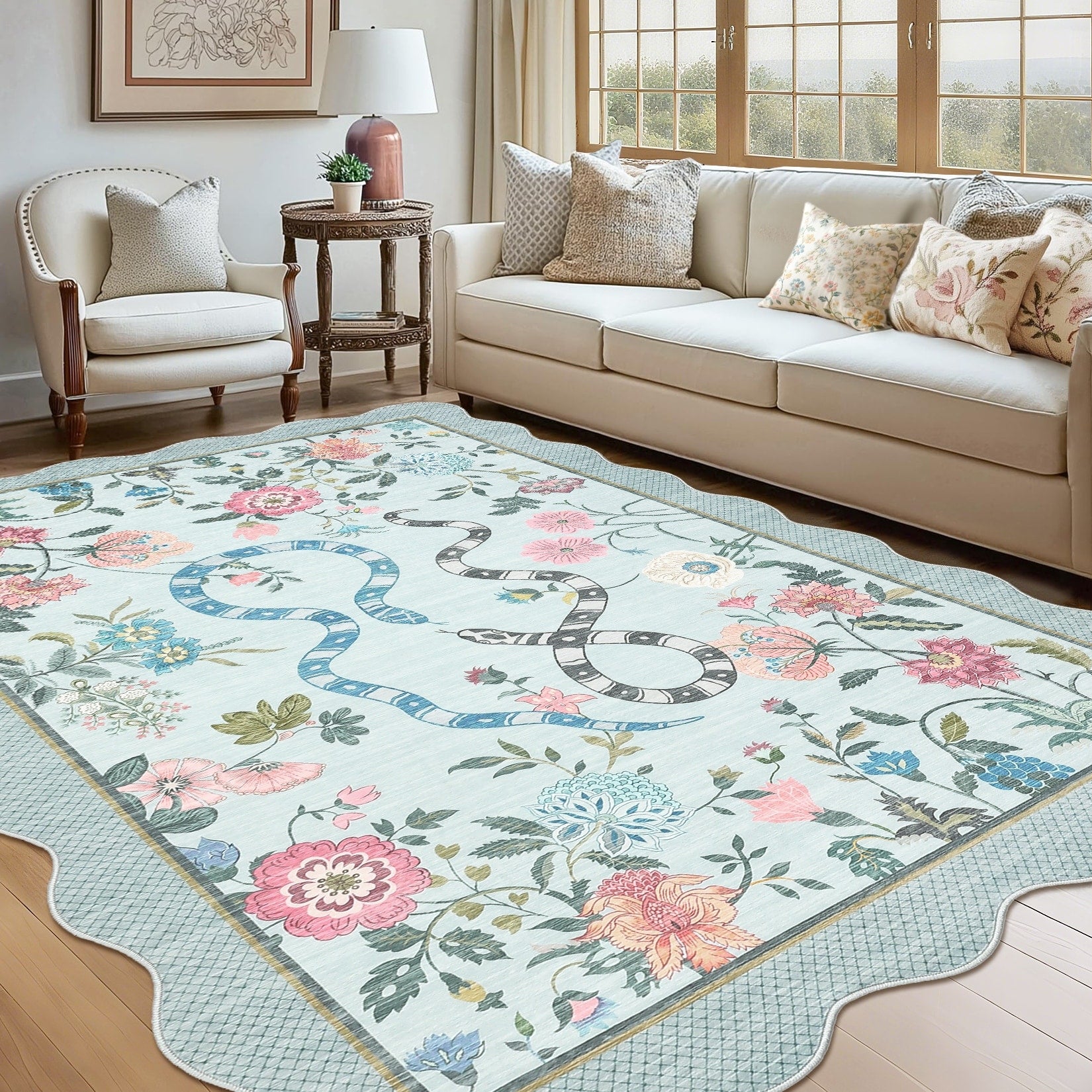 Modern 9X12Area Rug Pastoral Floral Snake Pattern Boho Rug 23 X 12 Runner