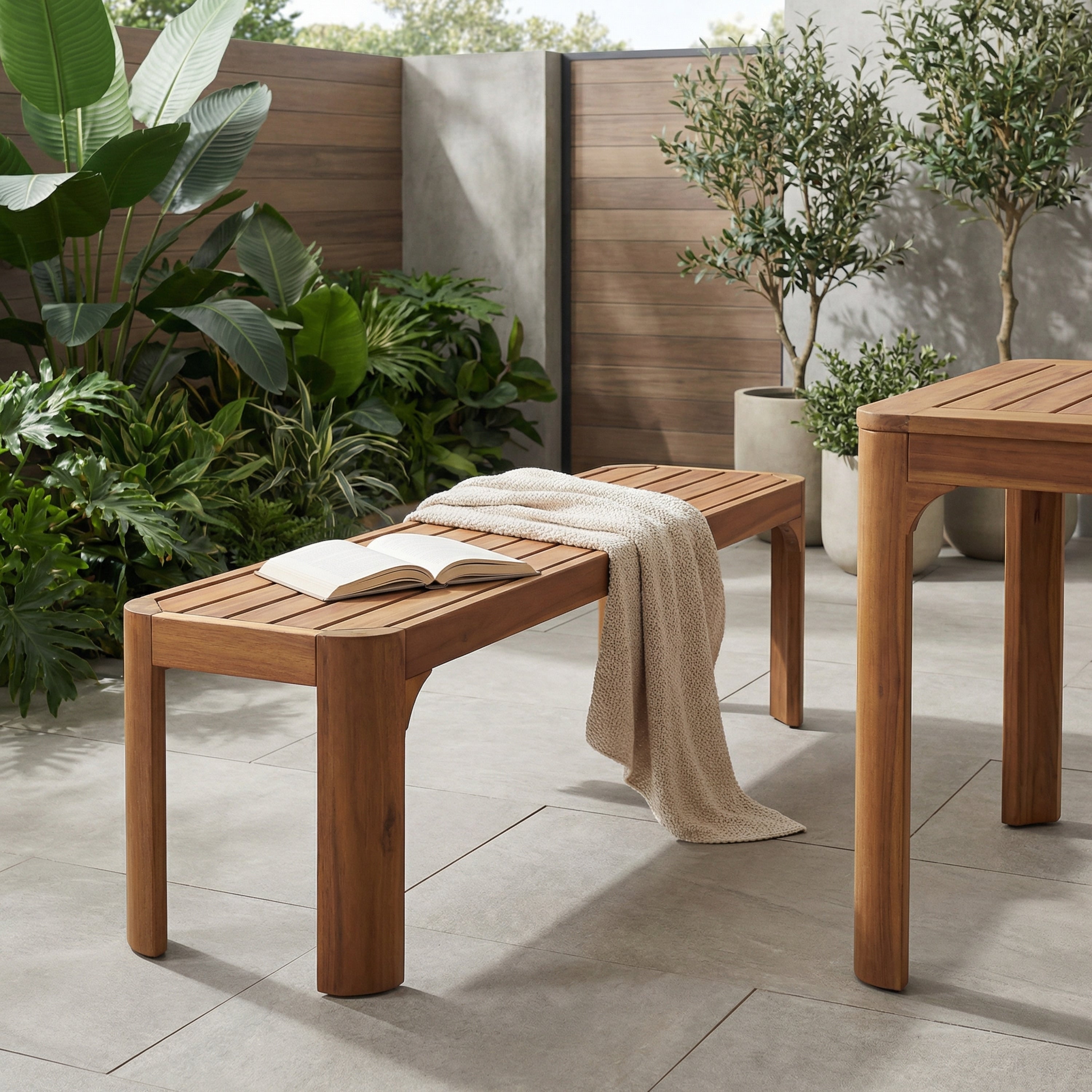 Modern Acacia Wood Outdoor Bench With Teak Finish Weather Resistant Patio Seating For 2 3
