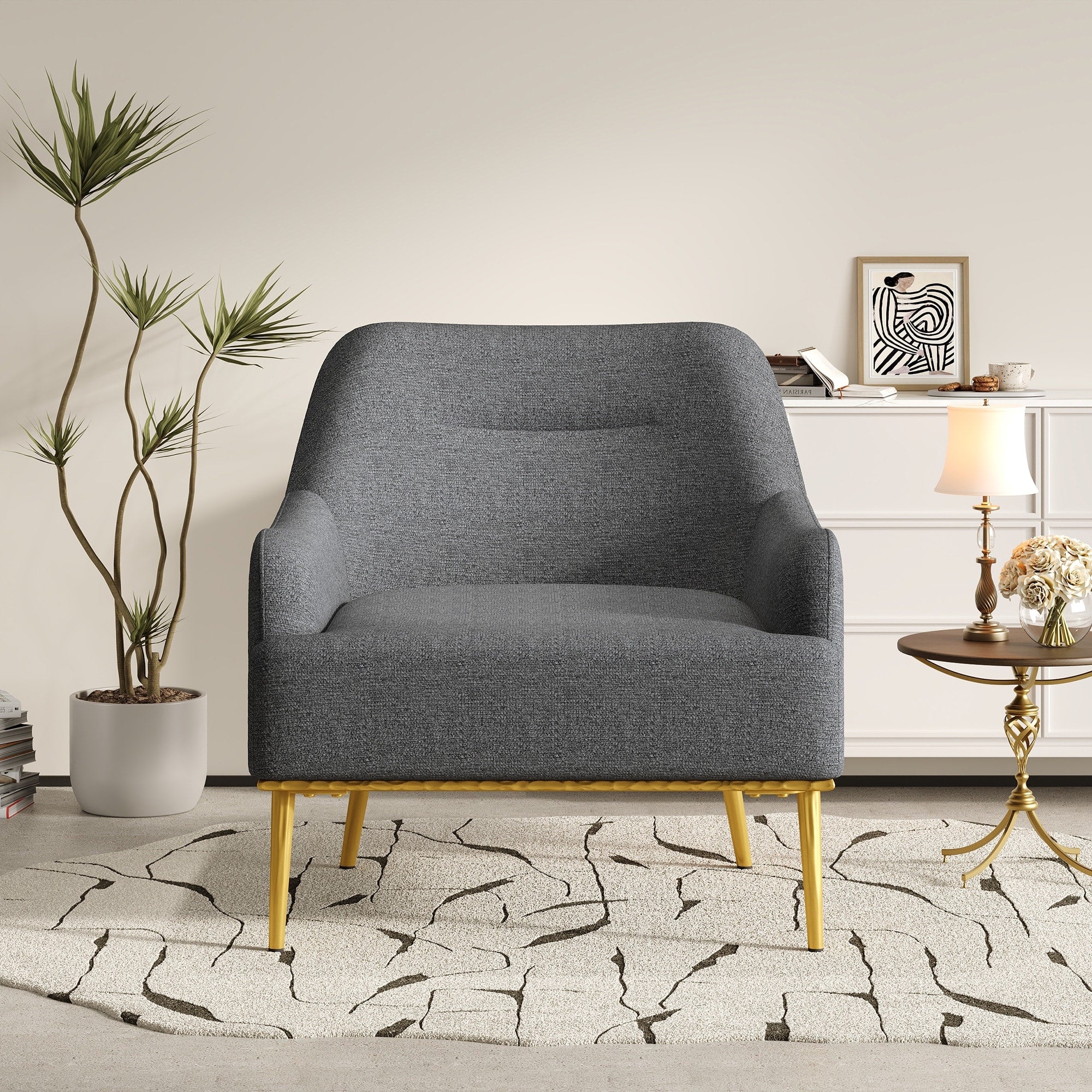 Modern Accent Chair Upholstered Armchair Single Sofa Chair With Curved Backrest And Gold Metal Legs For Living Room